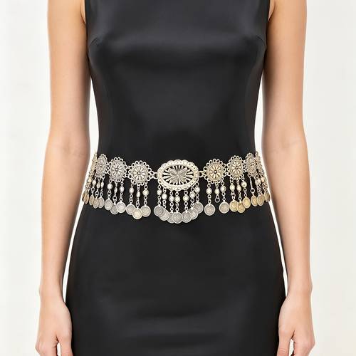 bohemian round tag tassel waist chain vintage carved metal belly dress decoration womens belt body chain