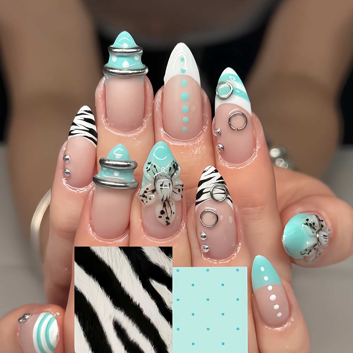 TEMU 24pcs Almond Nails, Mint Blue Y2k Style French Tip Nails, Featuring Zebra Stripe Polka Dot Pattern With 3d Flowers, Metal Rings And Steel Beads,