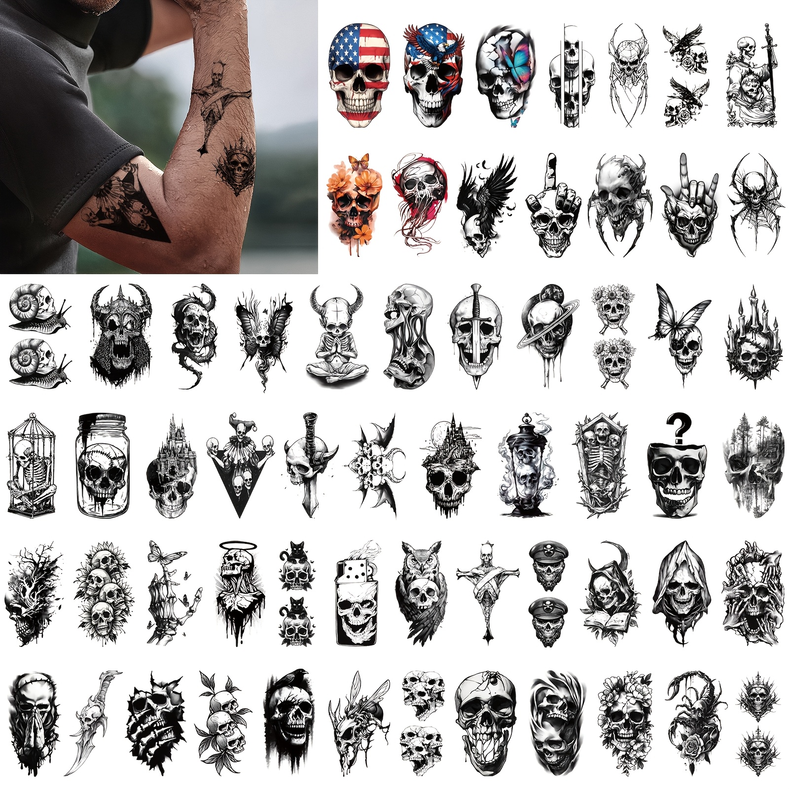 12 Blätter Temporäre Tattoos – Schwarze Totenkopf & Motiv-Aufkleber, Wasserfest, Für Körper & Partys