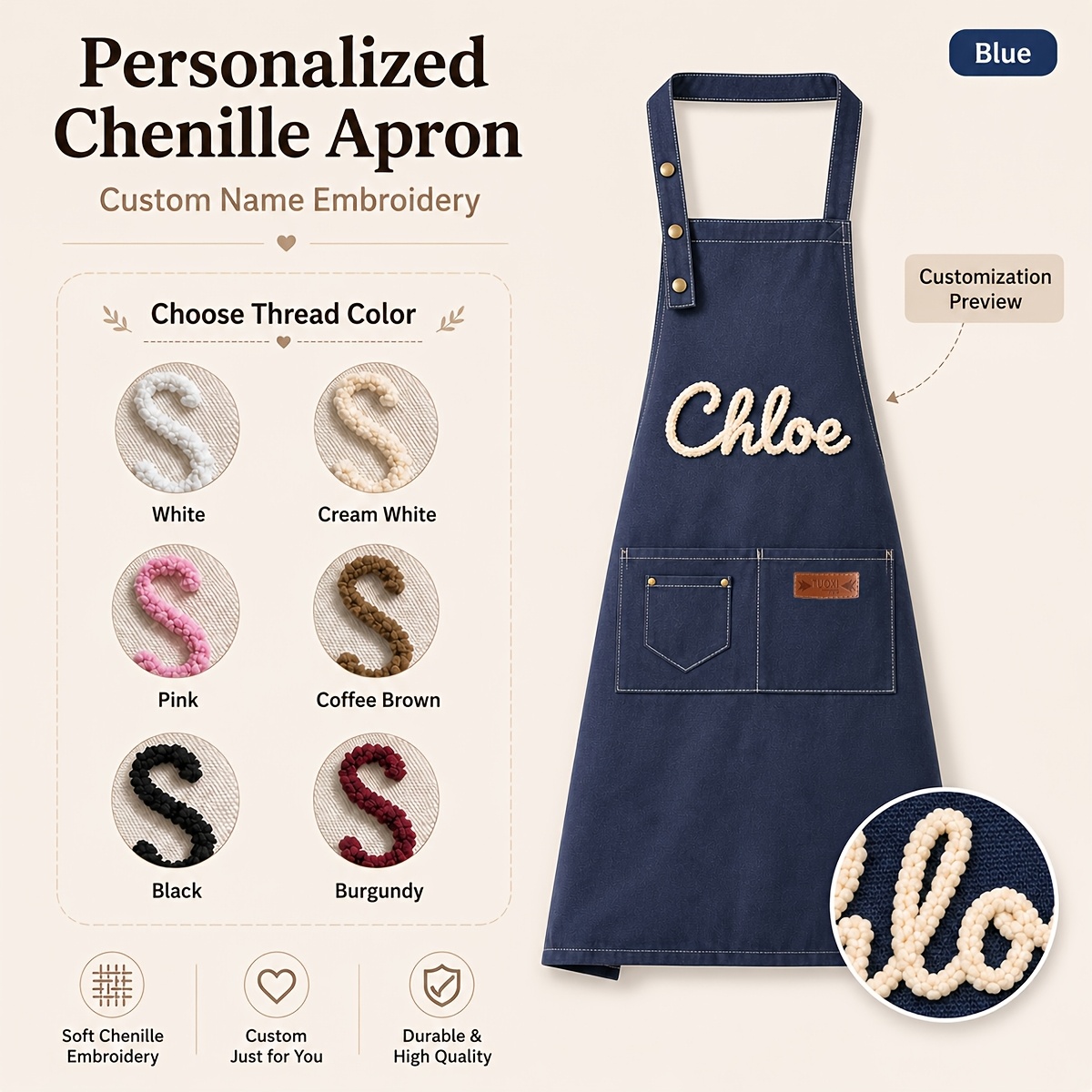 TEMU Personalized Custom Apron With Name/text Embroidery - Adjustable Shoulder Straps & Pocket Suitable For Kitchen Baking Crafts, Embroidered Apron