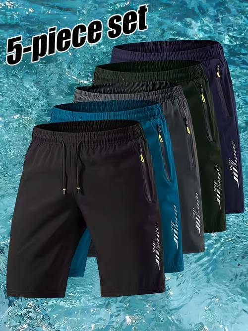 5pcs mens casual athletic shorts set lightning reflective print design elastic drawstring waistband zippered pockets on summer outfits daily activities walking running casual