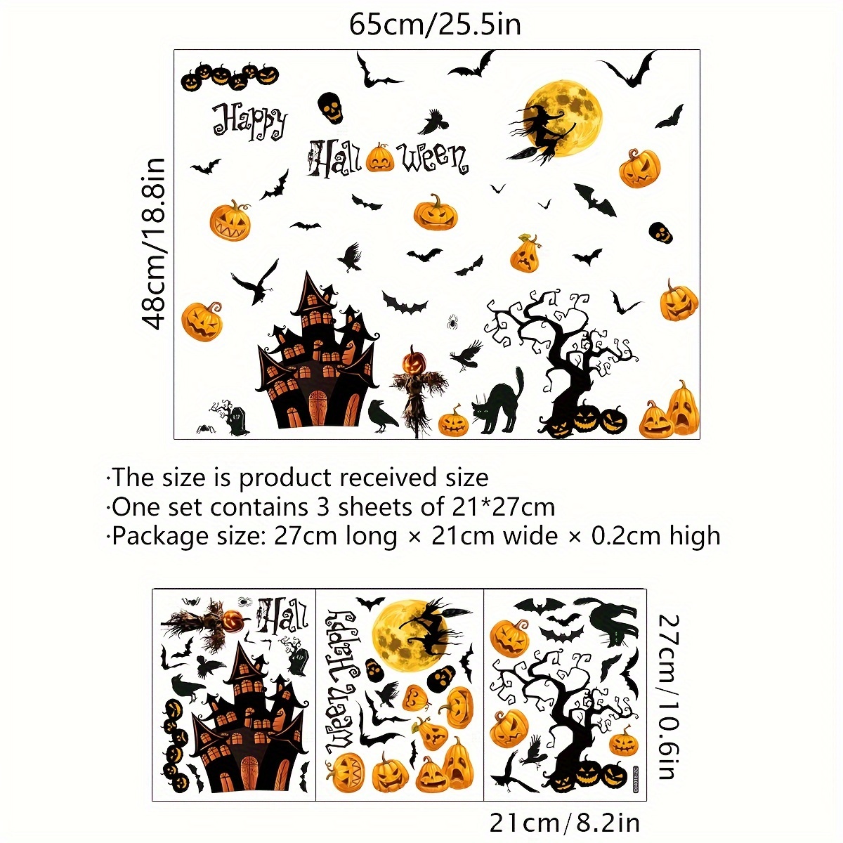 Image of A Set Of 3 (21*27cm*3pcs) Castle Bat Halloween Wall Stickers Static Cling Glass Stickers Window Stickers Double-sided 20 Decorative Wall Stickers (dj4018)