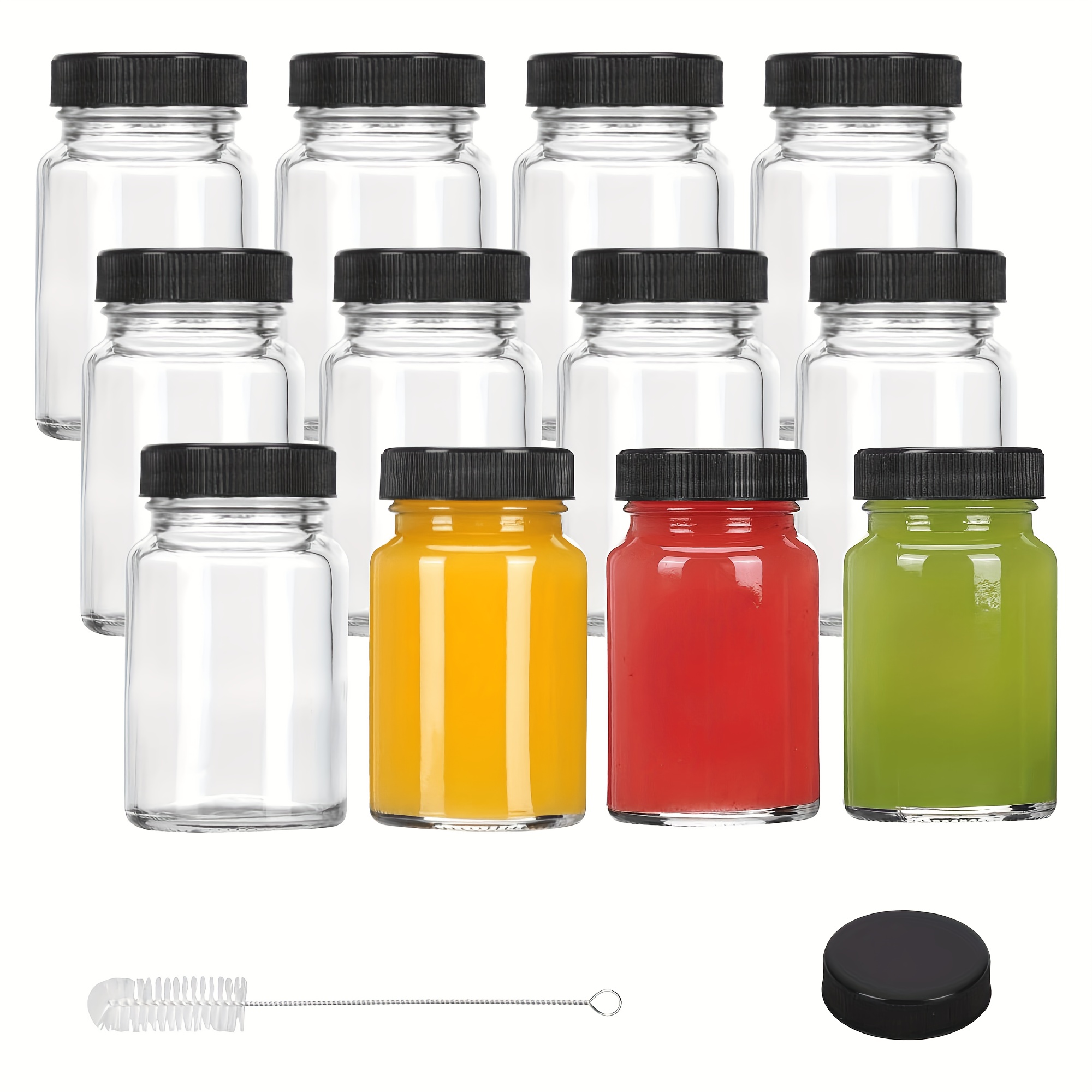 

12pcs Mini Clear Glass Bottles With Black - 2oz Wide Mouth Jars For Ginger Shots, Juice, - Includes Brush & Stickers - Travel & Kitchen Use