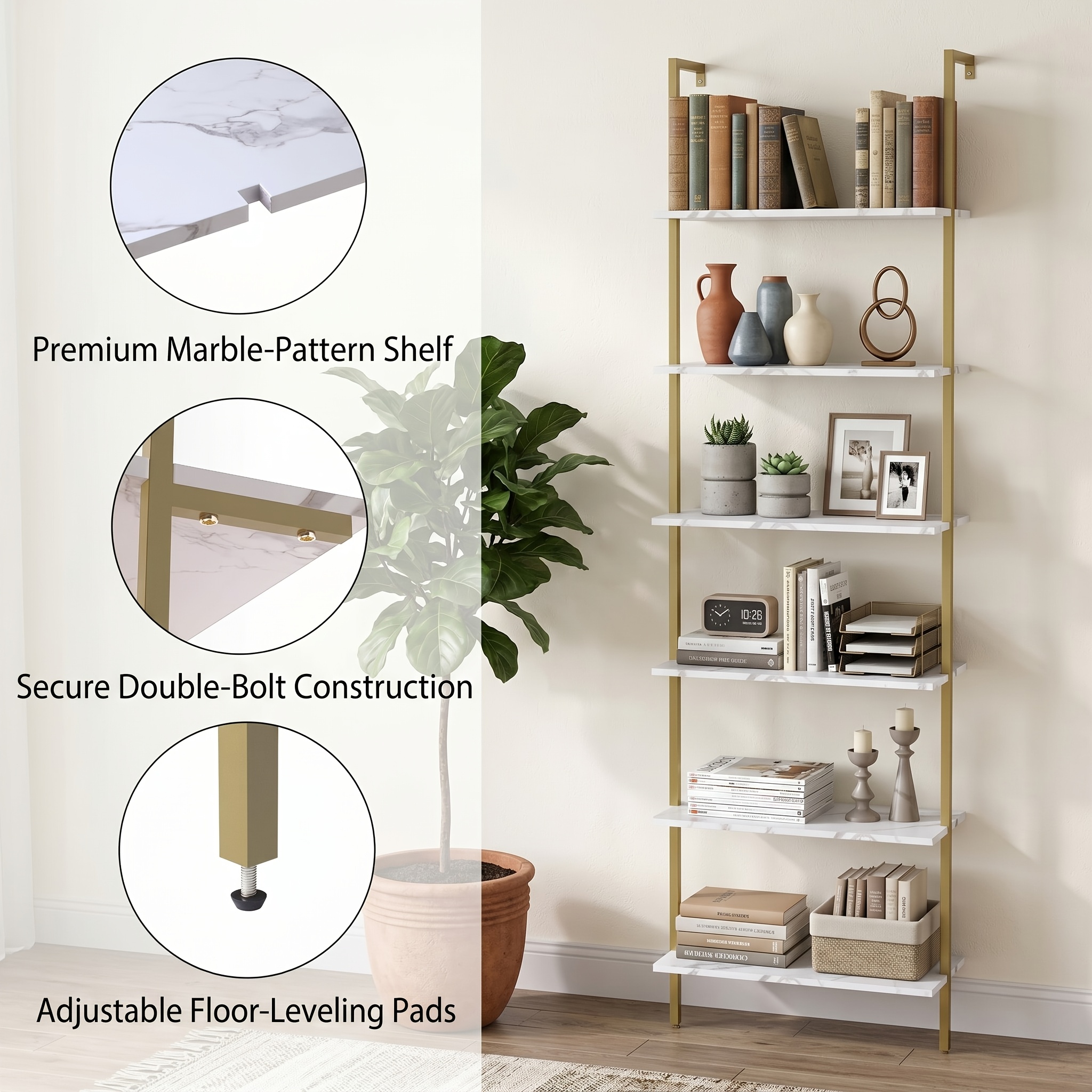 6 Tier Industrial Wall Mounted Shelves, White Faux Marble Floating Shelves, Open Storage Display Plant Rack for Living Room Kitchen Bedroom Office