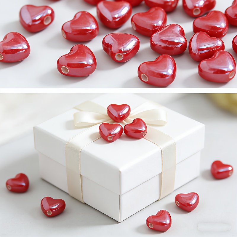 TEMU 9/18pcs 15mm Red Heart Ceramic Beads - Red Glossy Diy Craft Beads, Suitable For Necklace And Bracelet Making, Wedding, Valentine's Day,