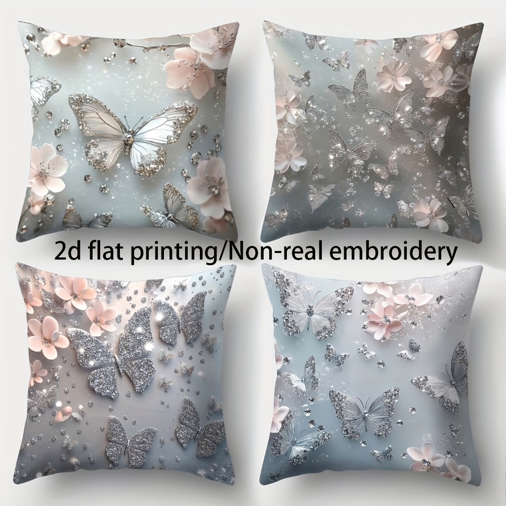 E-shop 4er Set 2D flachdruck/unechte Stickerei Schmetterling und Blumen Dekokissenbezüge, geeignet für Wohnzimmer oder Sofakissen, aus Polyester,