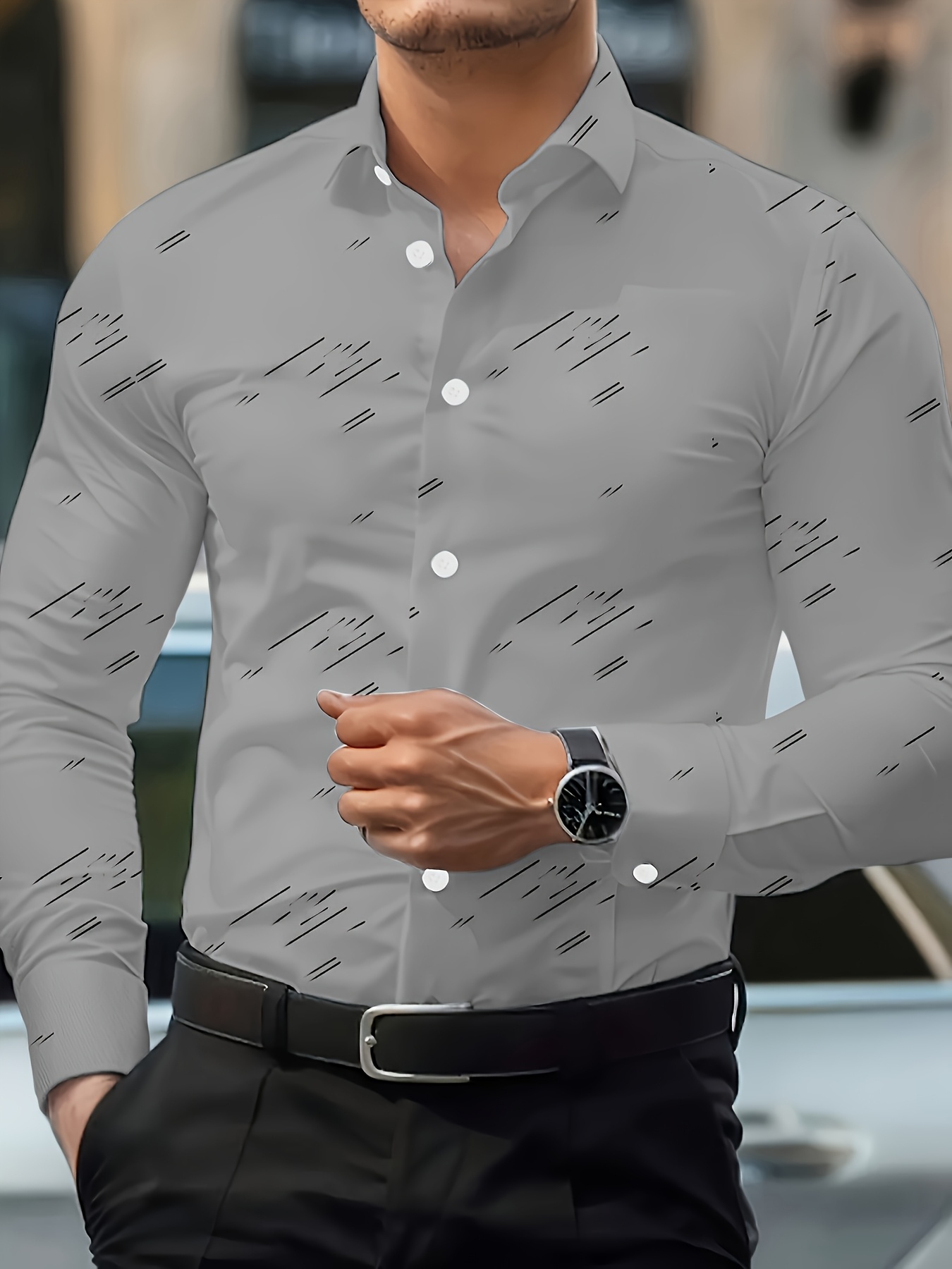 Men'S Stylish Geometric Print Long Sleeve Shirt - Light Gray Background with Black Lines, Button-Up, Relaxed Fit for Casual Attire, Parties, and Travel, Everyday Shirt|Sleek Formalwear|Polished Finish
