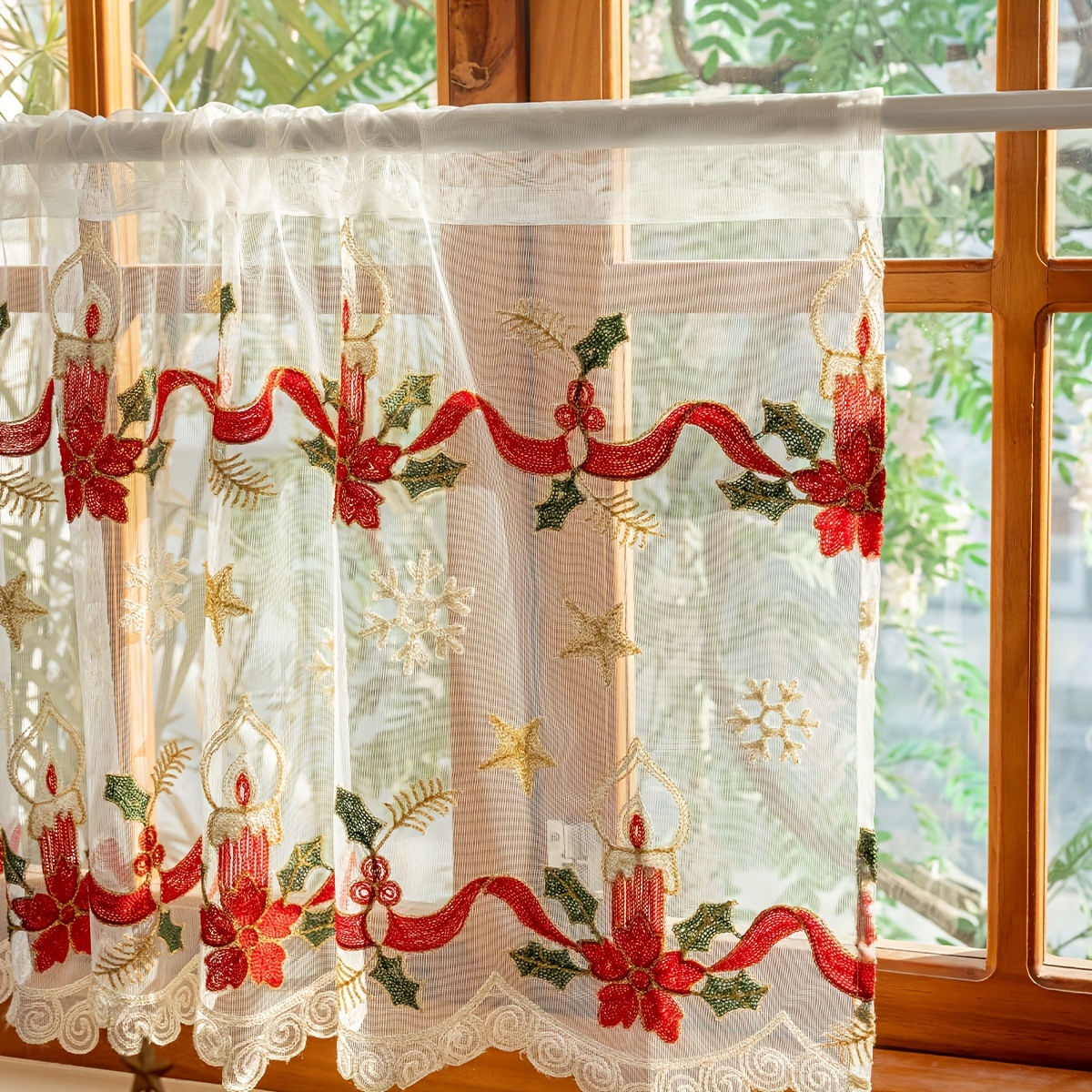 Image of 1pc Christmas Embroidered Colorful Sheer Curtain With Rod For Easy Hanging, Perfect For Living Room And Bedroom Decor Curtains For Living Room Curtains For Bedroom, Festival Decoration, No Rod