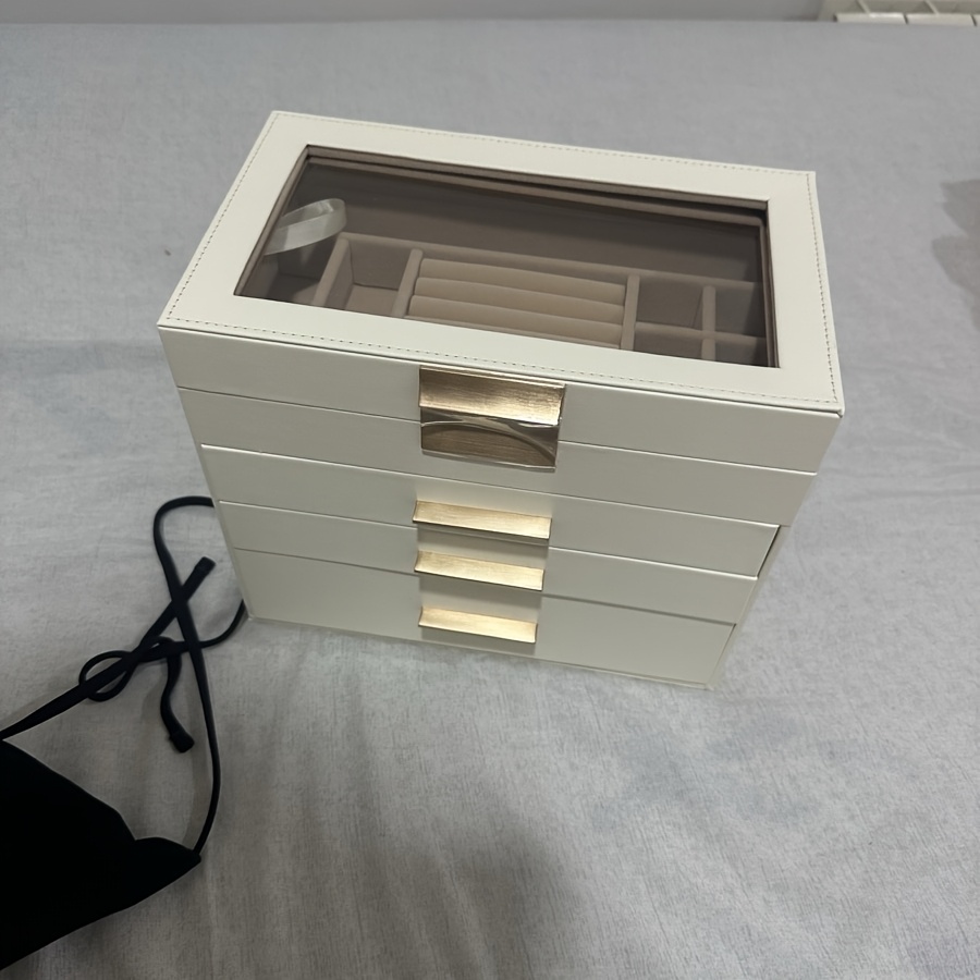 4 layer octagonal   leather jewelry organizer with transparent drawers ring earring necklace storage box soft lined compartments golden handles polished   for dresser or desk elegant gift for mother s day valentine s thanksgiving jewelry organizer storage synthetic   leather look jewelry boxes Product details 0