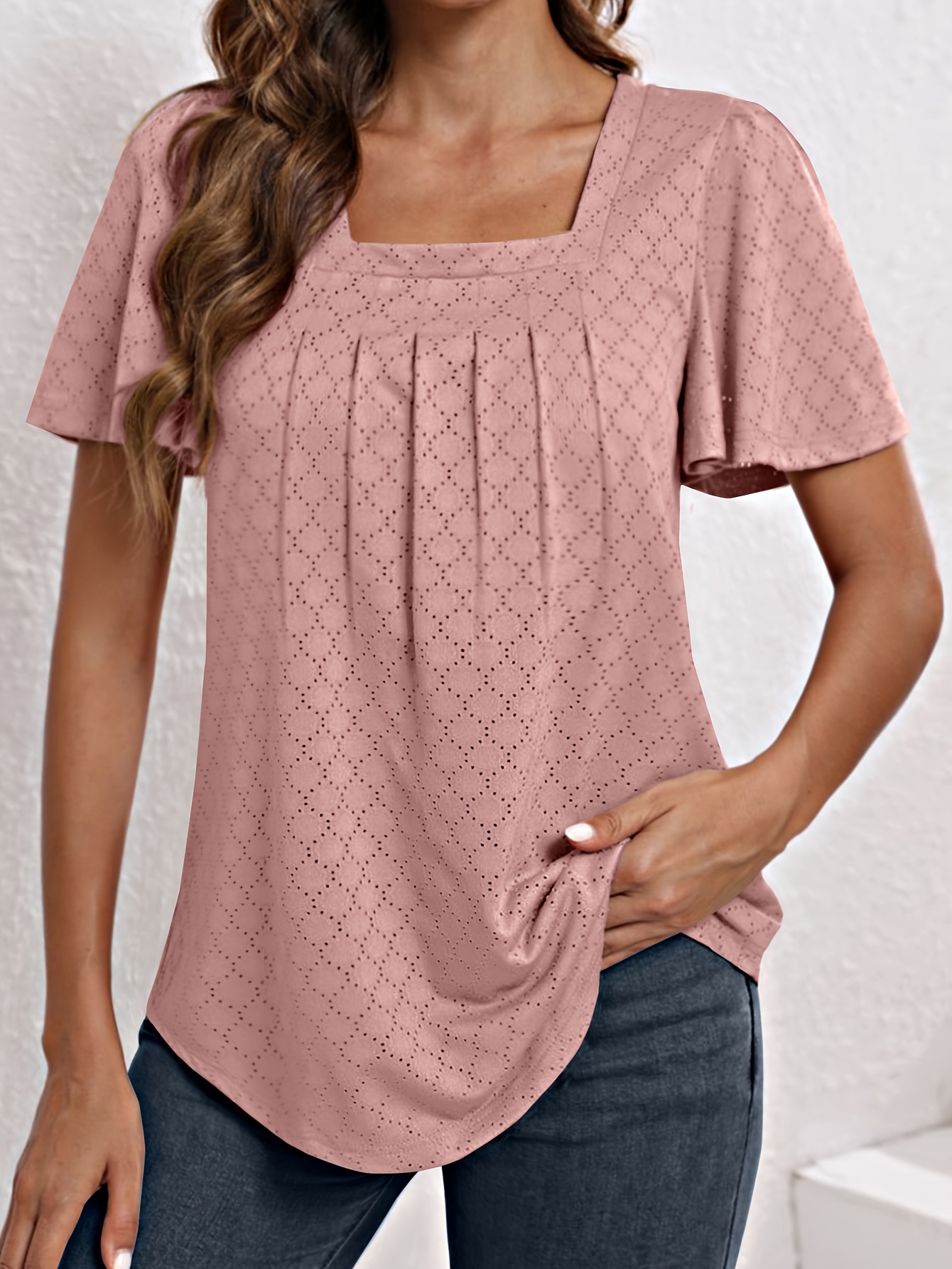 Plus Size Women'S Square Neck Ruffle Sleeve Top - Breathable Eyelet Cut-Out Fabric, Unique Chest Pleat Design, Elegant Fashion for Spring Summer Fall, Formal & Casual Wear, Casual Wear Top | Pleated Detail Top | Stretchy Fabric Top, Ladies T Shirts