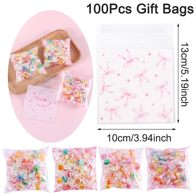 TEMU 50/100pcs Pink Bow Self-adhesive Treat Bags, Transparent Plastic Gift Packaging For Wedding, Bridal Shower, Gift Ideas, Resealable Self-sealing
