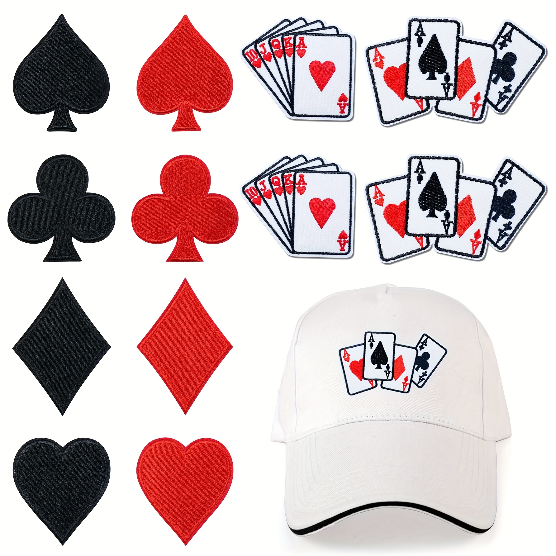 12-pack Poker Suit Fabric Patches — Embroidered For Diy Decoration On Jackets, Bags, And Hats