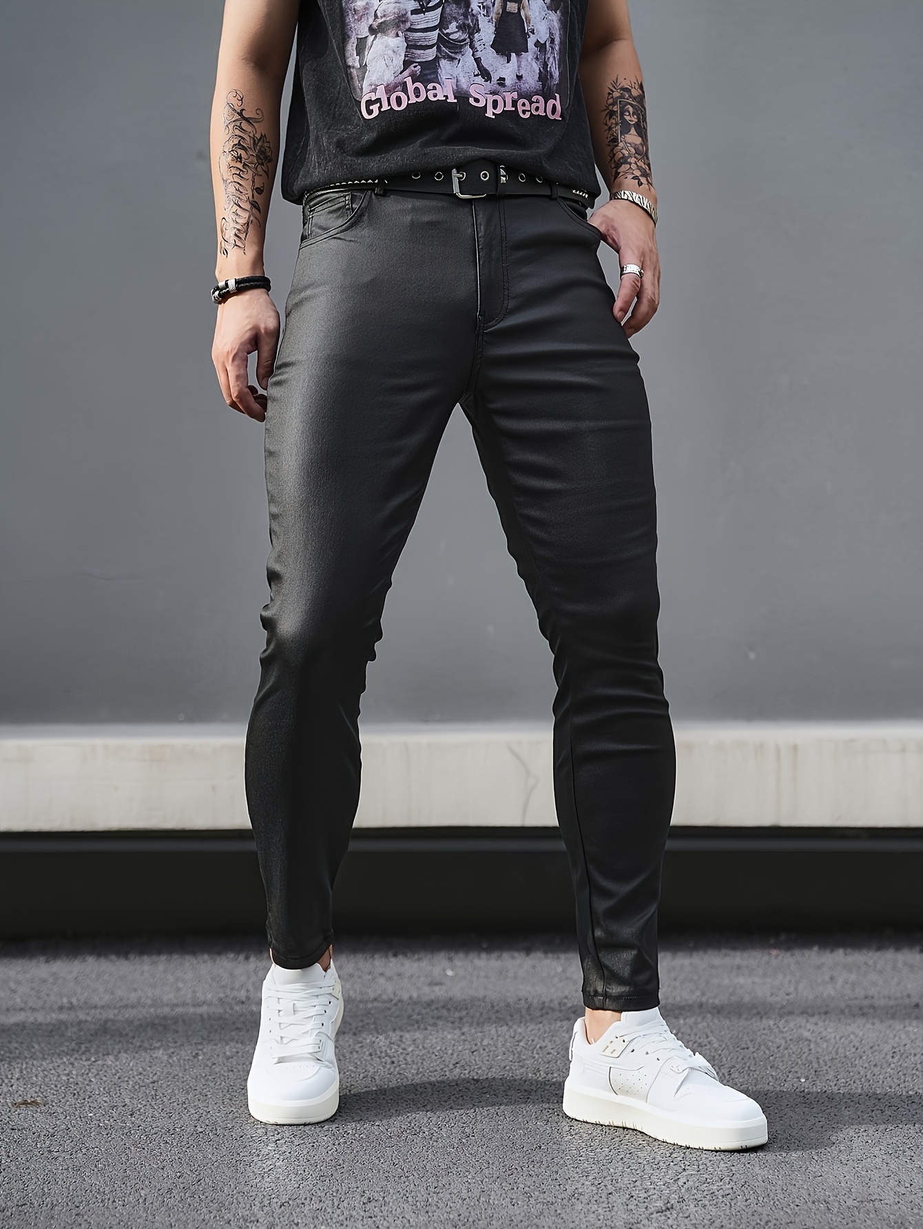 tb910 men's high stretch skinny jeans streetwear style black