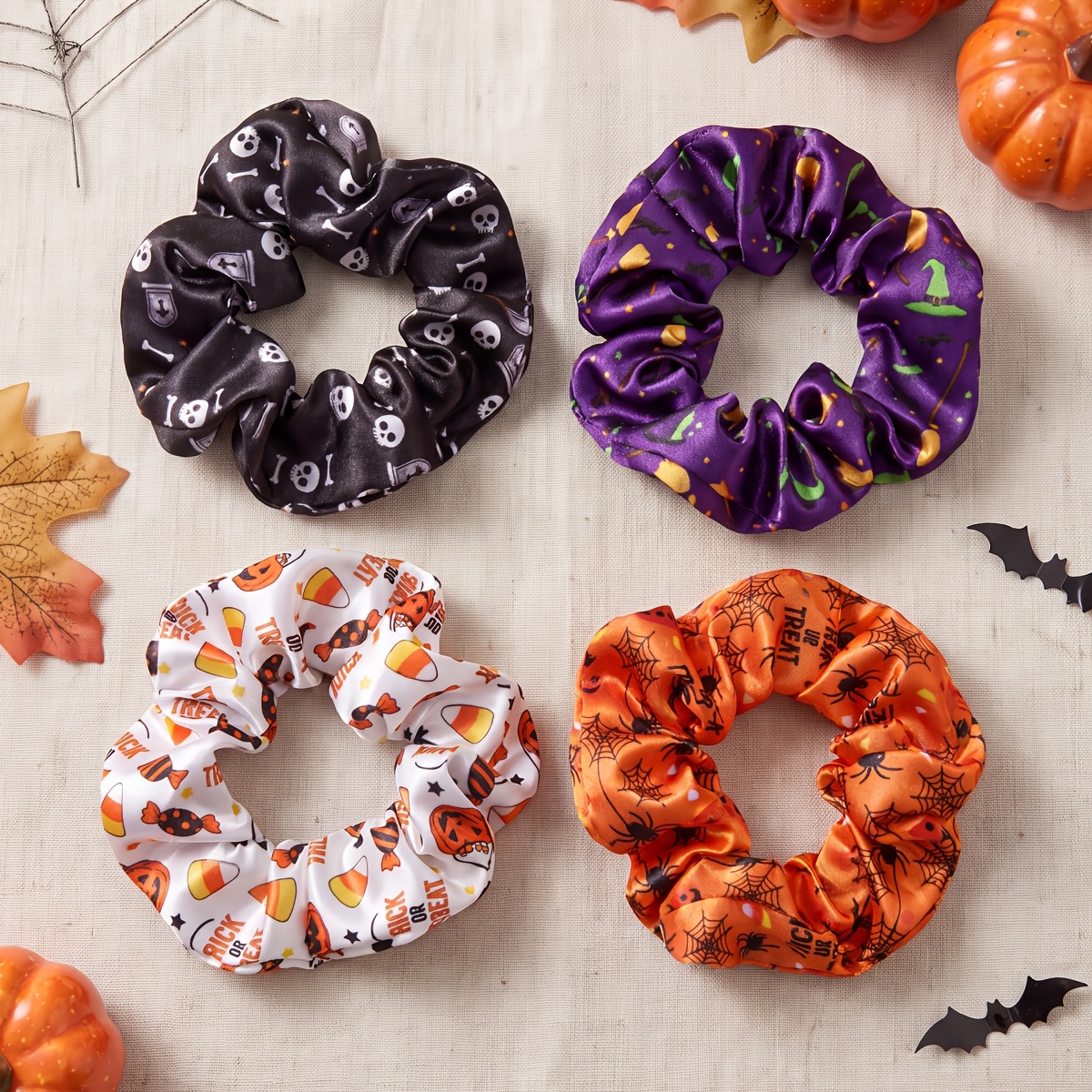 TEMU 4pcs New Halloween Hair Ties Satin Printed Halloween Theme Atmosphere Pumpkin Web Pattern Printed Women's Hair Tie Ponytail Hair Rope Headwear