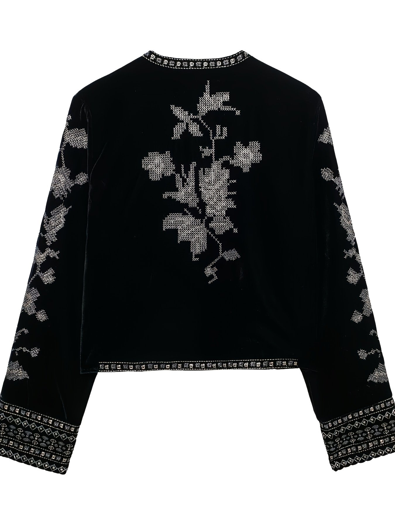embroidered swan velvet jacket ct00895bb   geometric pattern     with silver floral embroidery long sleeve zipper closure elegant womens outerwea
