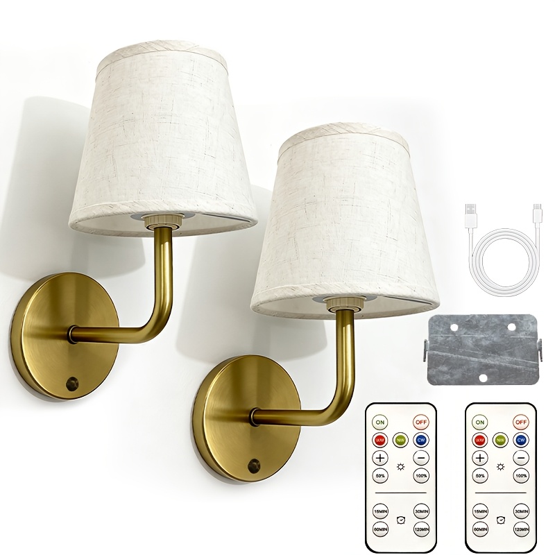 TEMU 2/1pc Remote Control Led Wall Lamp, 3-color Led Night Lamp, Retro Style Fabric Lampshade Night Light, Suction Wiring-free Wall Lamp, Remote