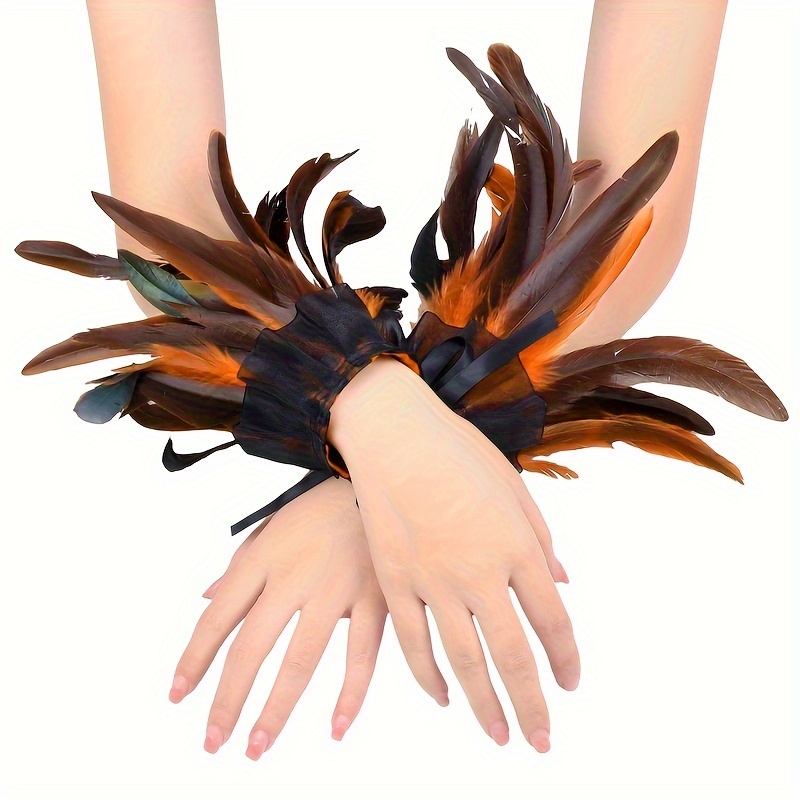 TEMU Women's Feather Lace Halloween Hand Gloves Gothic Christmas Rave Witch Punk Wedding Party Costumes Additions 2pcs