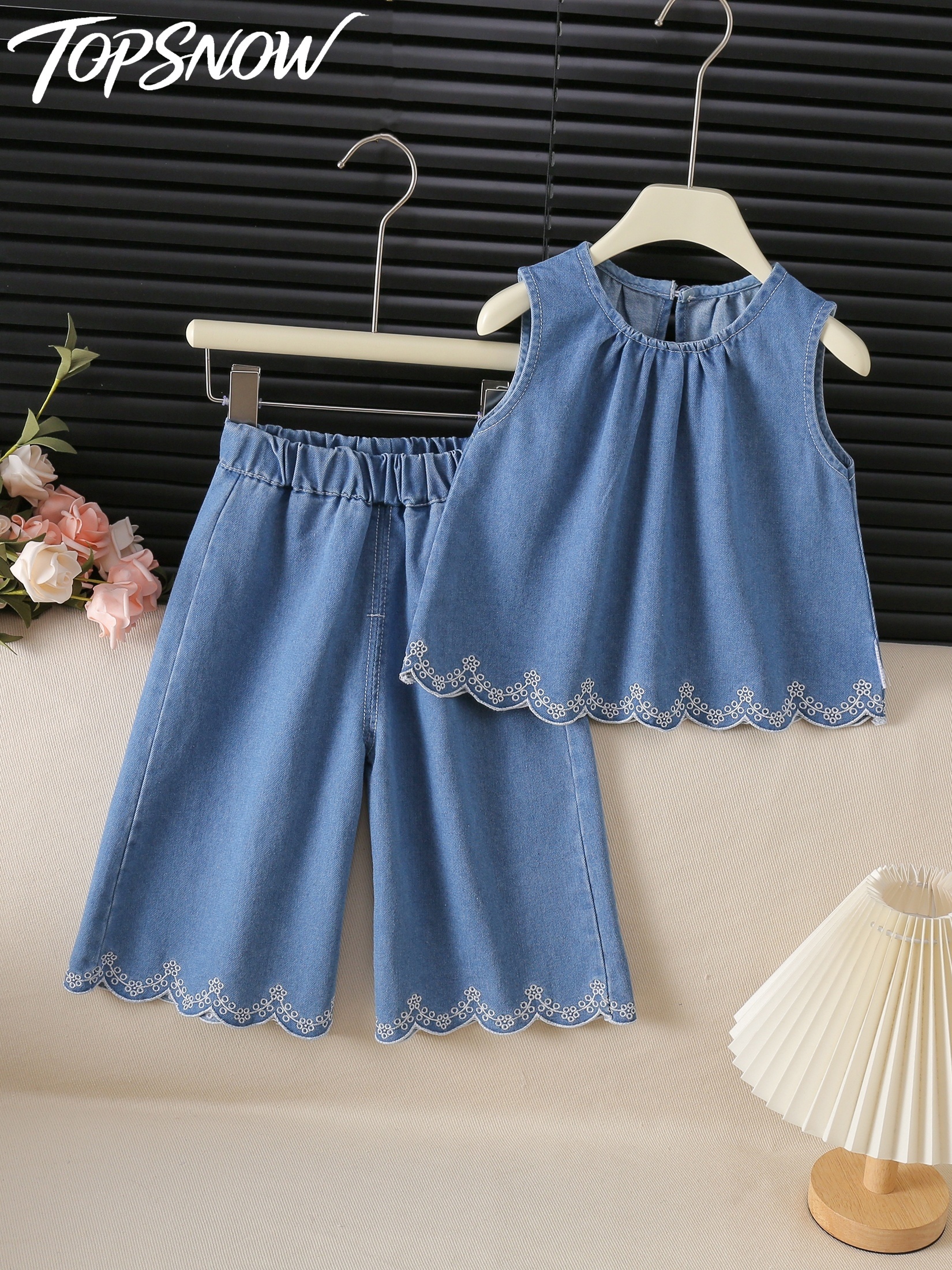2pcs lace embroidered denim embroidered wide shoulder set sleeveless fashion girls denim outfit spring summer new for outdoor