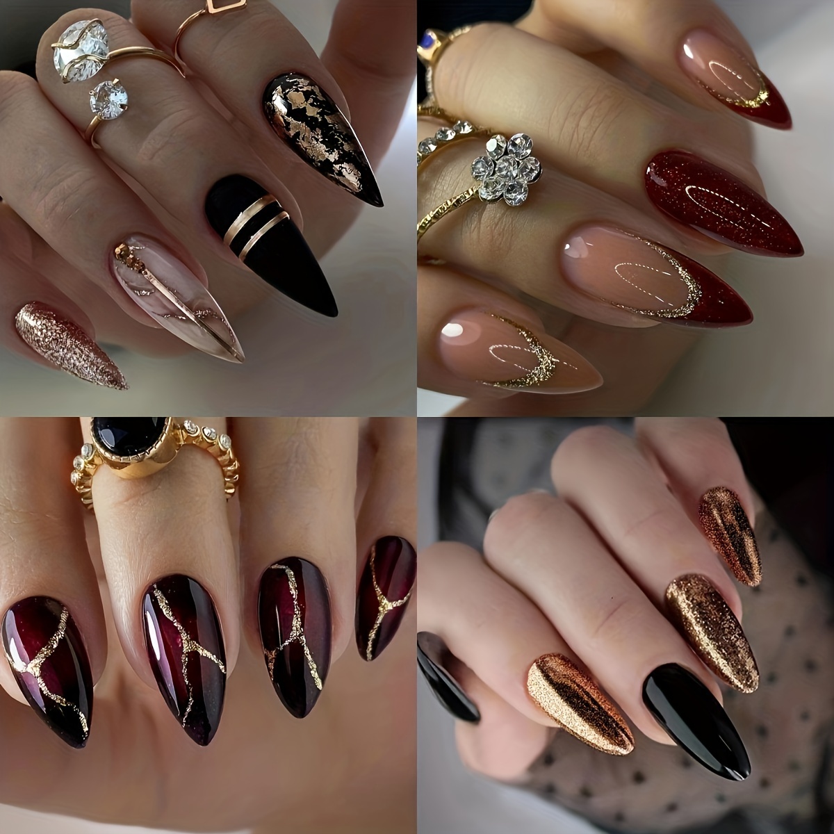 

4pcs (96pcs) Elegant Autumn & -on Nails Set - Mixed Red, Brown Gradient With Golden Glitter Accents, Medium Shape, Includes Adhesive Tabs & Nail File For Women, Cute Nails