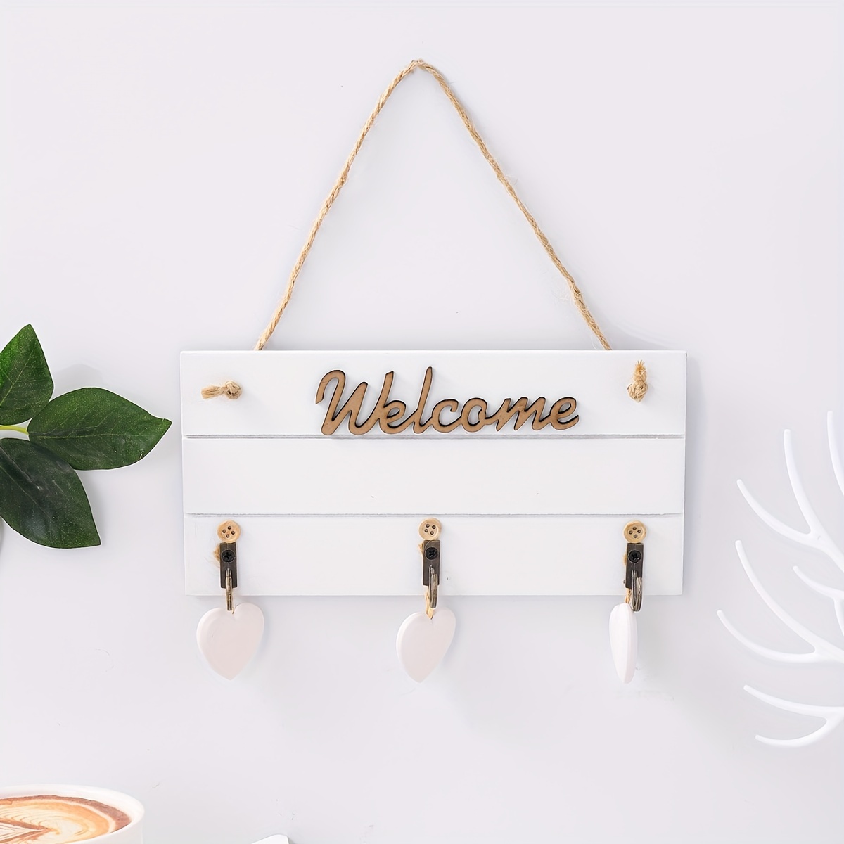 

Contemporary Wooden Welcome Wall Mount Hooks With Heart-shaped Accents, Easy Install