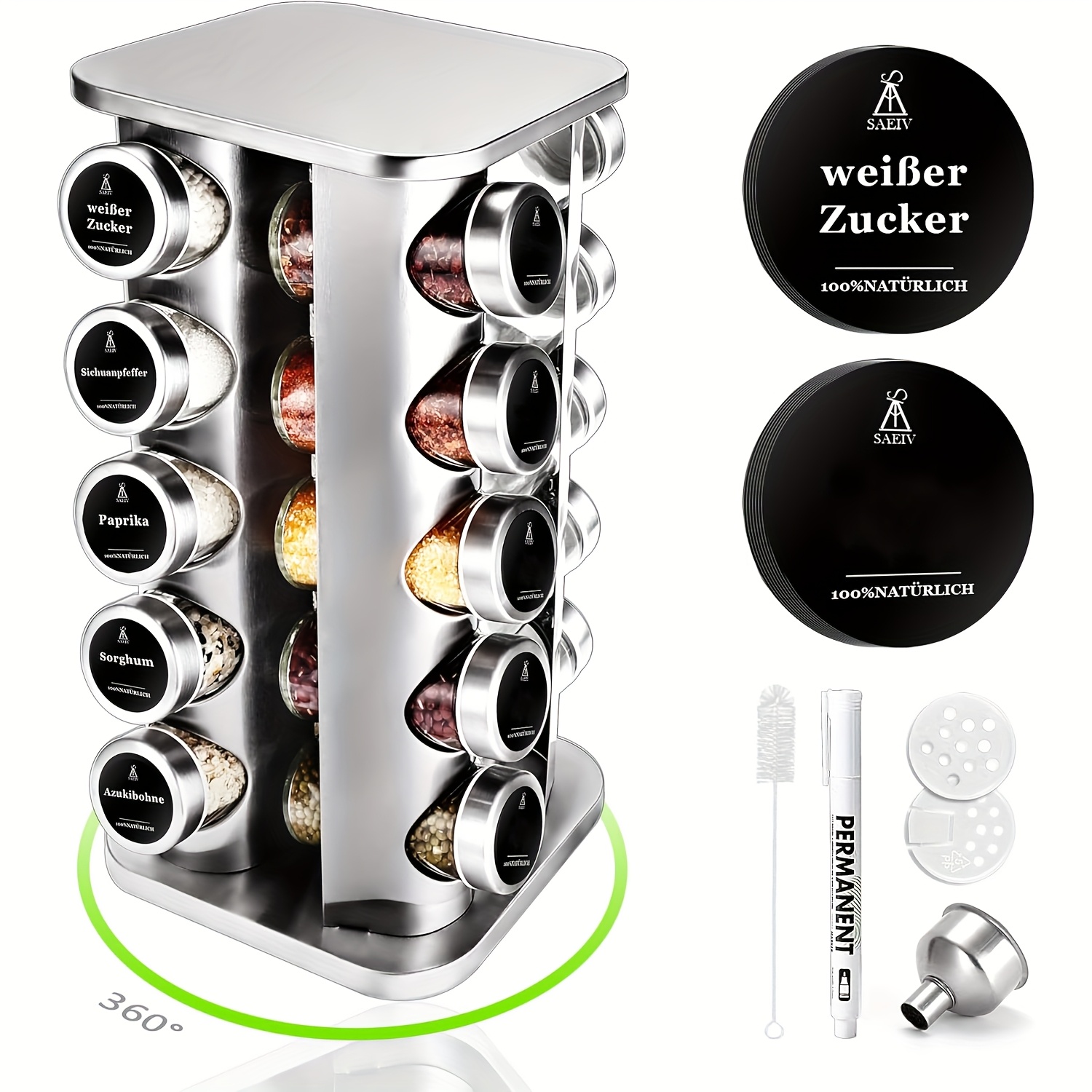 TEMU Saeiv 360° Rotatable Vertical Spice Rack | Spice Rotating Rack | 20 X 100ml Spice Jars | 5-tier Rotatable Spice Rack | Kitchen Shelf | Spice