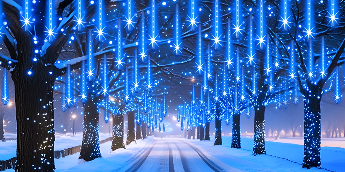 Meteor Shower Lights, Christmas Outdoor/Indoor Meteor Shower Lights, Falling Rain Drop Snowfall, IPX4 Icicle String Light for Bedroom, Garden, Wedding, Party Favors, Christmas, Thanksgiving, Halloween, Holiday Decoration Lighted Holiday Displays