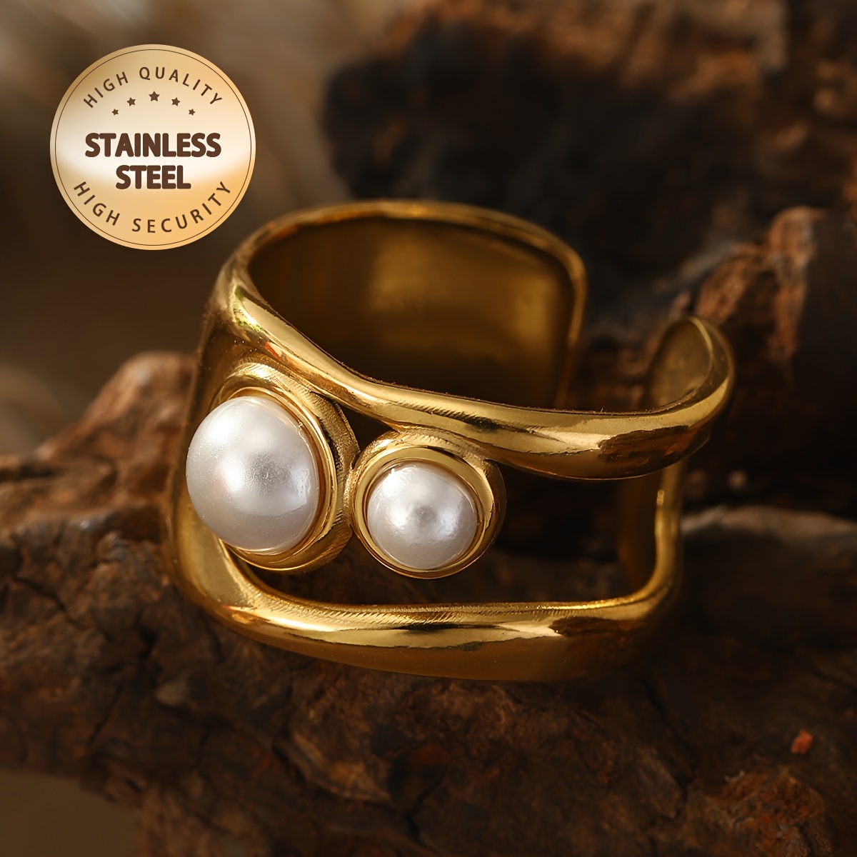 טבעת נירוסטה מתכווננת בגוון זהוב אורגנית לנשים עם שלישית-פני ולנית חיקוי - מושלמת למסיבות, טבנות לטבעית| וינטג'|גימור יוקרתי