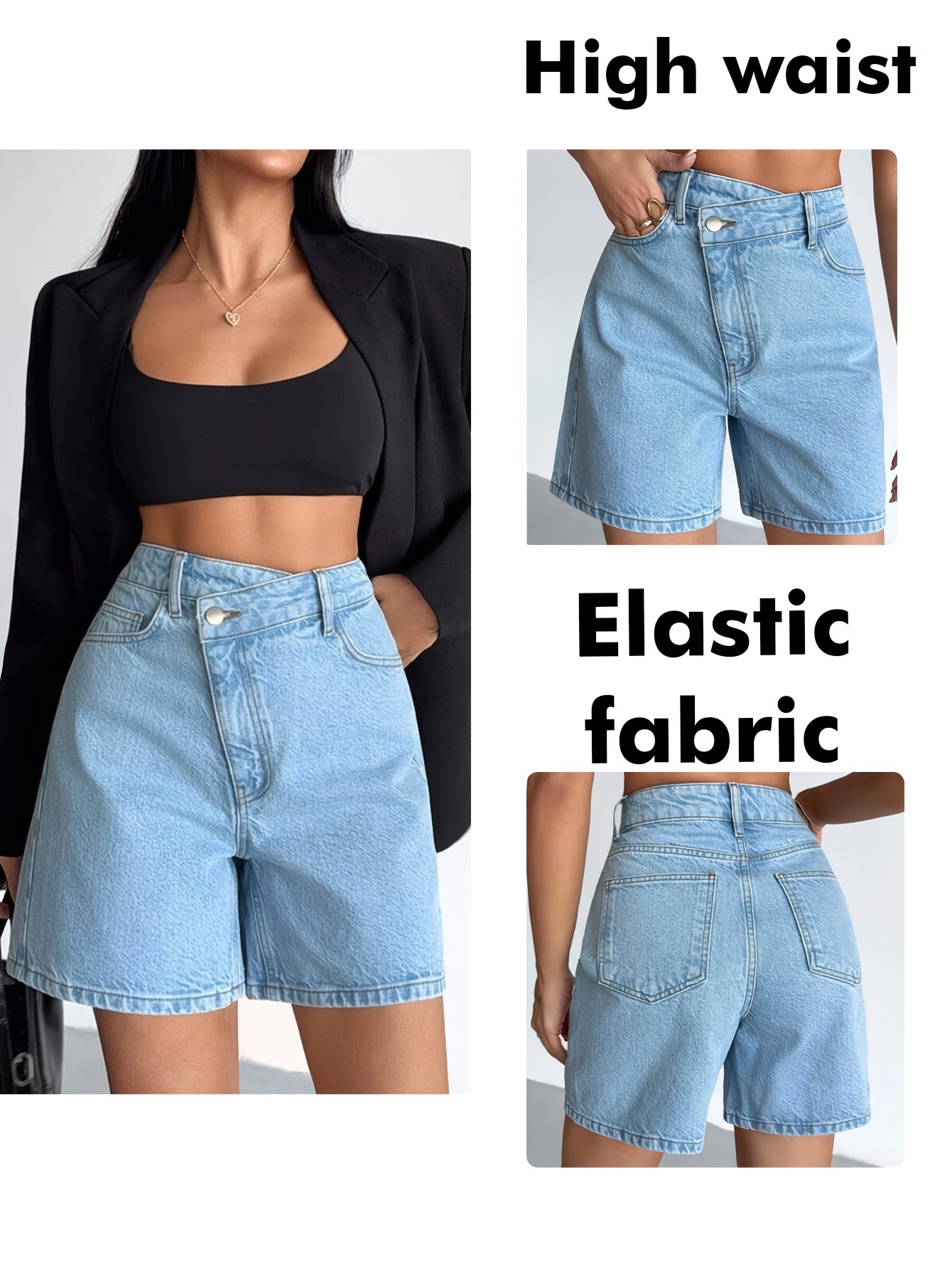 2026 neue bermuda-hose, lässig-elegant, knielang, aus hellblauem, gewaschenem denim, elastischer stoff,  -design mit stretch-beinlängen-schnitt,   für tägliche ausflüge freizeitkleidung