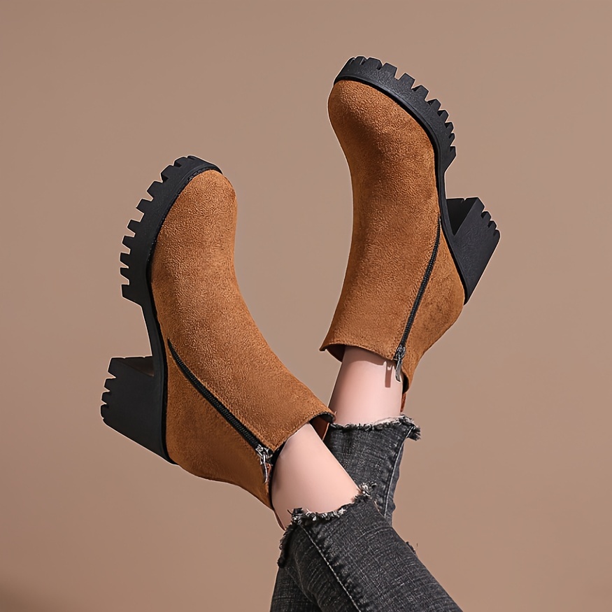 Chic Women's Brown Ankle Boots with Black Chunky Heel Side Zipper,  Round Toe, Fabric Lining, PU Sole Versatile Short Boots for