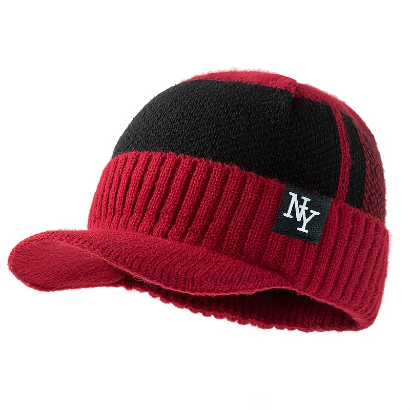TEMU Unisex Autumn Winter Warm Knit Hat, Cross-stitched Ny Letter Brimmed Hat For Men's Outdoor Riding And Skiing, Holiday Party Camping Casual