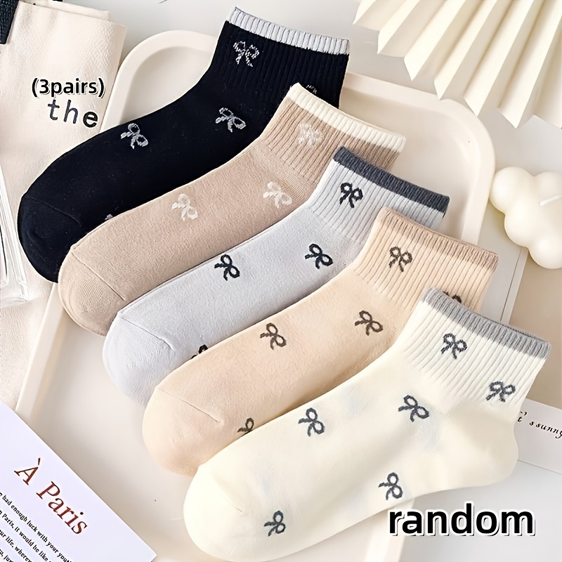 TEMU Random 3-pair Set Of Couple's Bow Short Socks, Unisex Sweet Pattern, Girly Versatile Short Socks - Cute Breathable Low-cut Boat Socks For Men