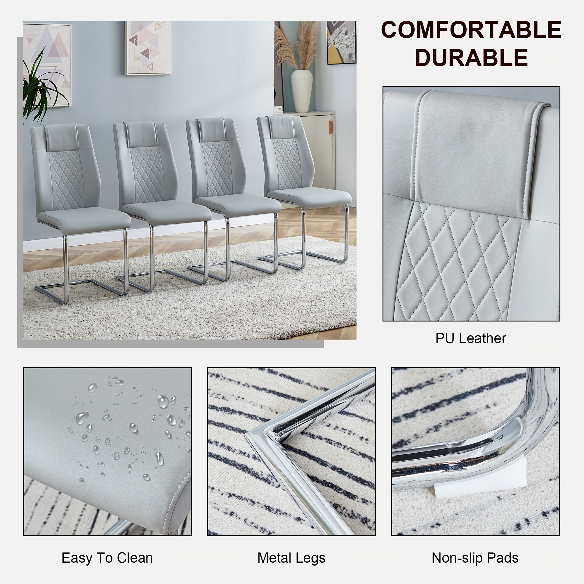 Modern PU Leather Dining Chairs Set of 4 - Light Gray/Dark Gray Suitable for Kitchen, Living Room & Dining Room, Foam Cushioned Seats, Cantilever Base with Anti-Slip Footpads, PVC-Coated Faux Leather Armless Chairs, Easy Assembly