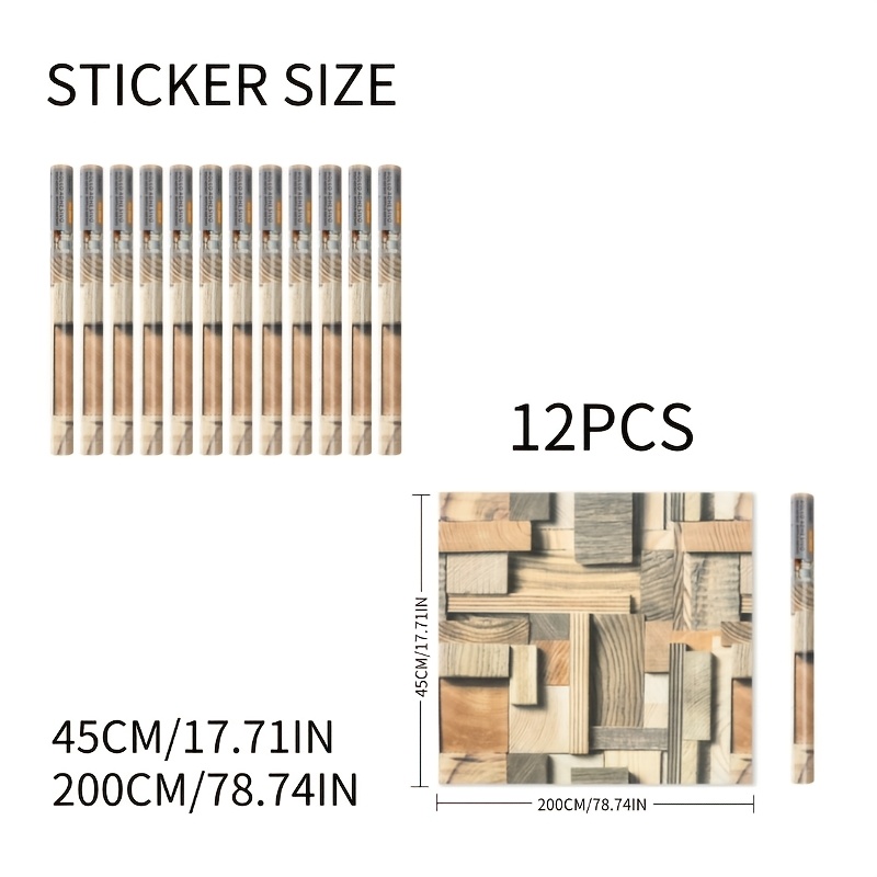 TEMU 12 Rouleaux de Papier Peint Autocollant Amovible 45cm*200cm, Autocollant Mural Effet Grain de Bois de Bois Empilés 3D, pour Rénovation Murale de
