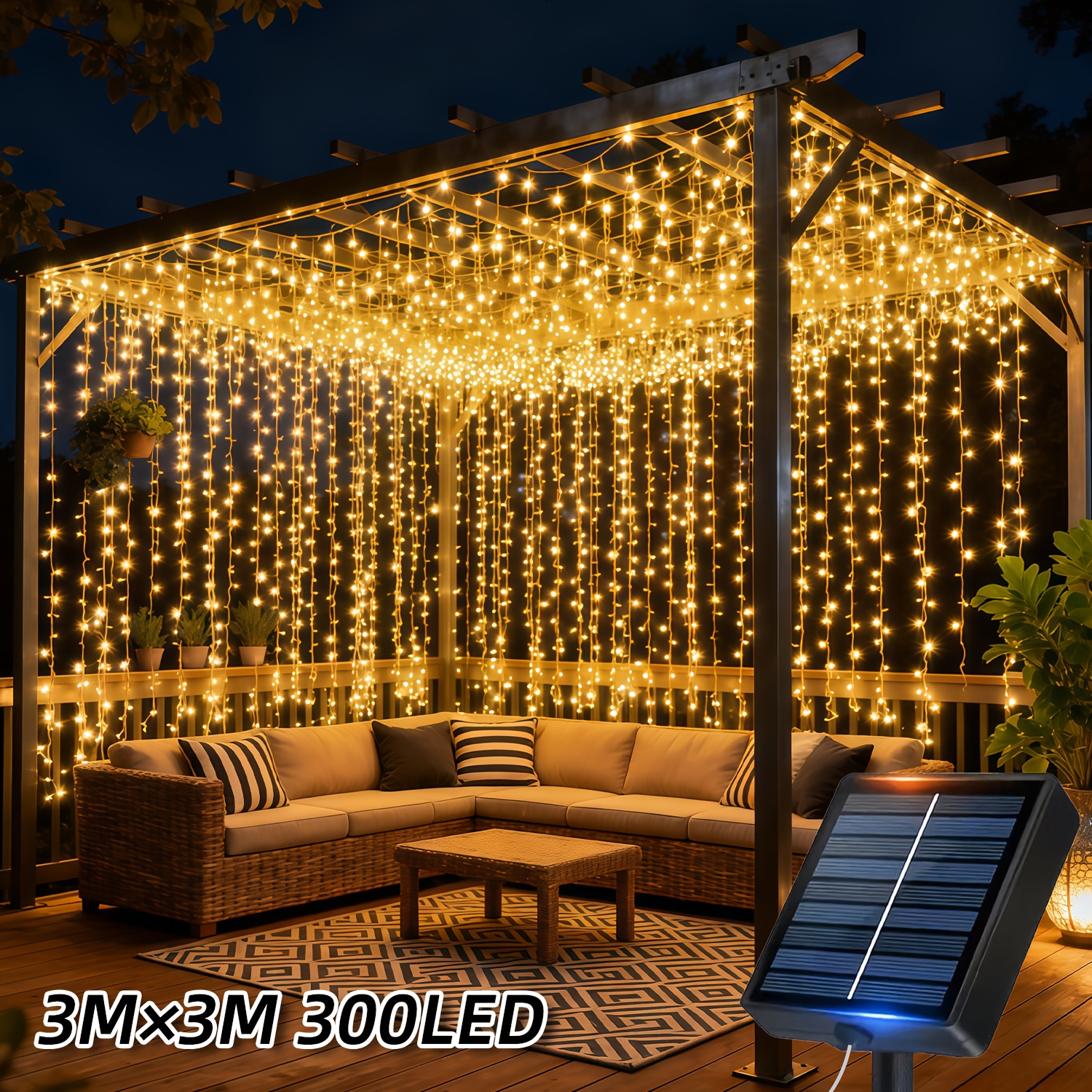 Image of Solar-powered Fairy Curtain Lights, 300/200/100led Outdoor Smart Light Strip, 12 Flashing , Light Sensor, For Garden, Yard, Wedding, Party, Balcony, Porch