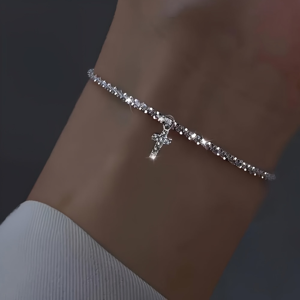 Image of 1pc Women's Bracelet, Cross Pendant, Sparkling, Hypoallergenic, Handmade Jewelry Gift Women's Jewelry, Gift For Mom Perfect Gift For Halloween, Christmas, Thanksgiving