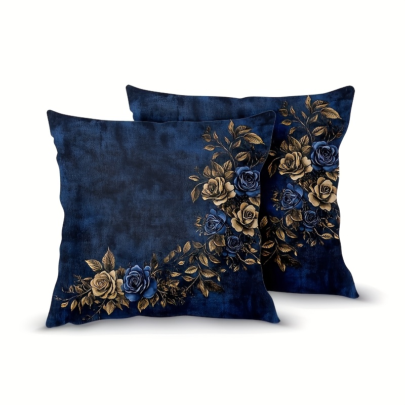 TEMU 2pcs Double-sided Printed Throw Pillow Covers Blue And Golden Floral Cushion Covers, 18x18 Inches, Soft Short Plush With Zipper - Sofa And Couch