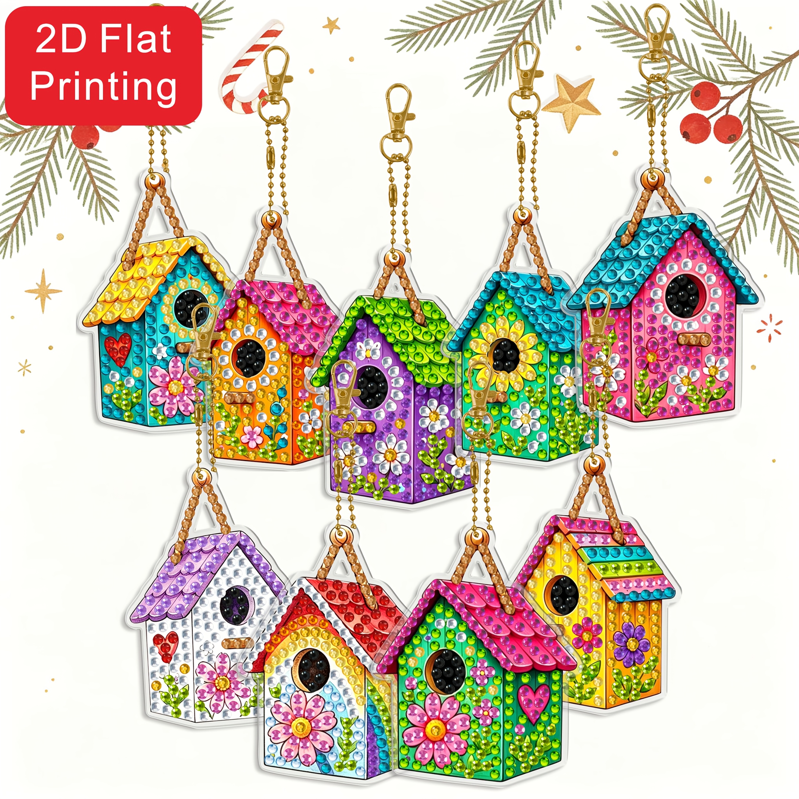 TEMU 9pcs Set 2d/flat Printing, Christmas Vintage Floral Birdhouse Design, Double-sided Sparkling Rhinestone Keychain Diamond Painting Kit, Holiday