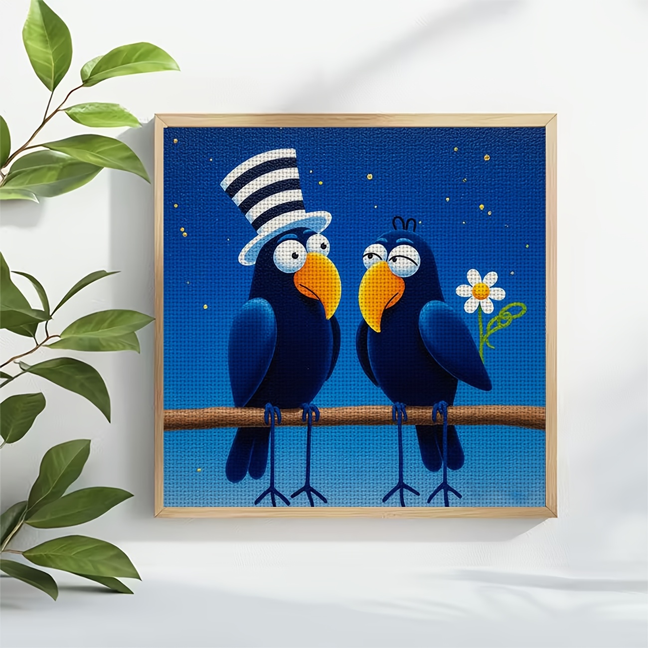 Cross-Stitch Kit Featuring Two Blue Birds Wearing Hats on a Branch