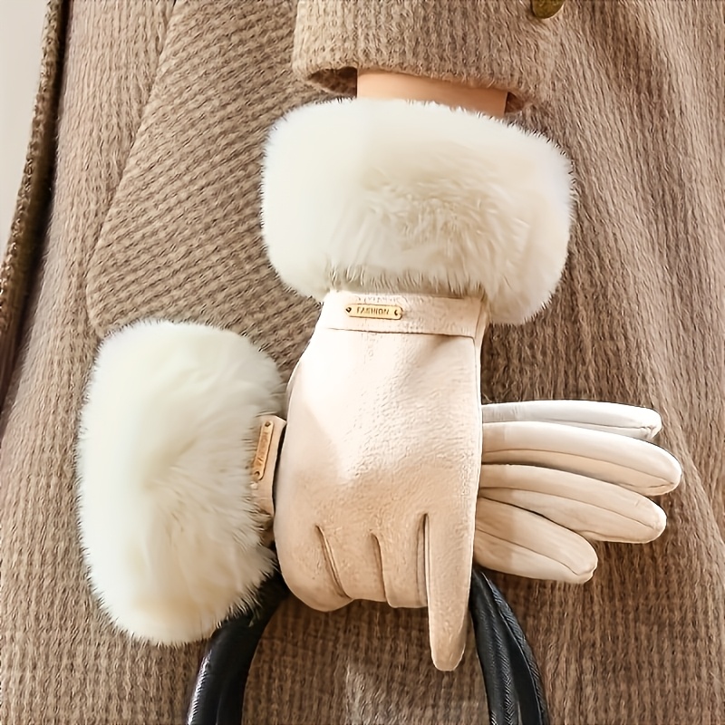 TEMU Elegant Ladies Touch Screen Winter Cashmere Gloves | Warm, Cold-resistant, Thickened With High-quality Fleece Lining, Soft Fluffy Cuffs, Ideal
