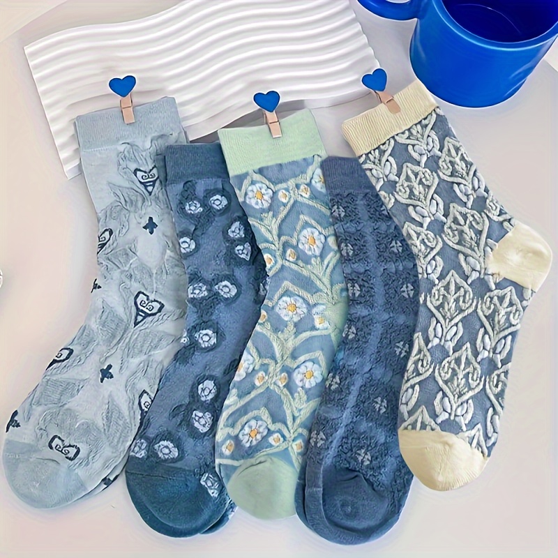 

5 Pairs Floral Print Socks, Comfy & Breathable Crew Textured Socks, Women's Stockings & Hosiery