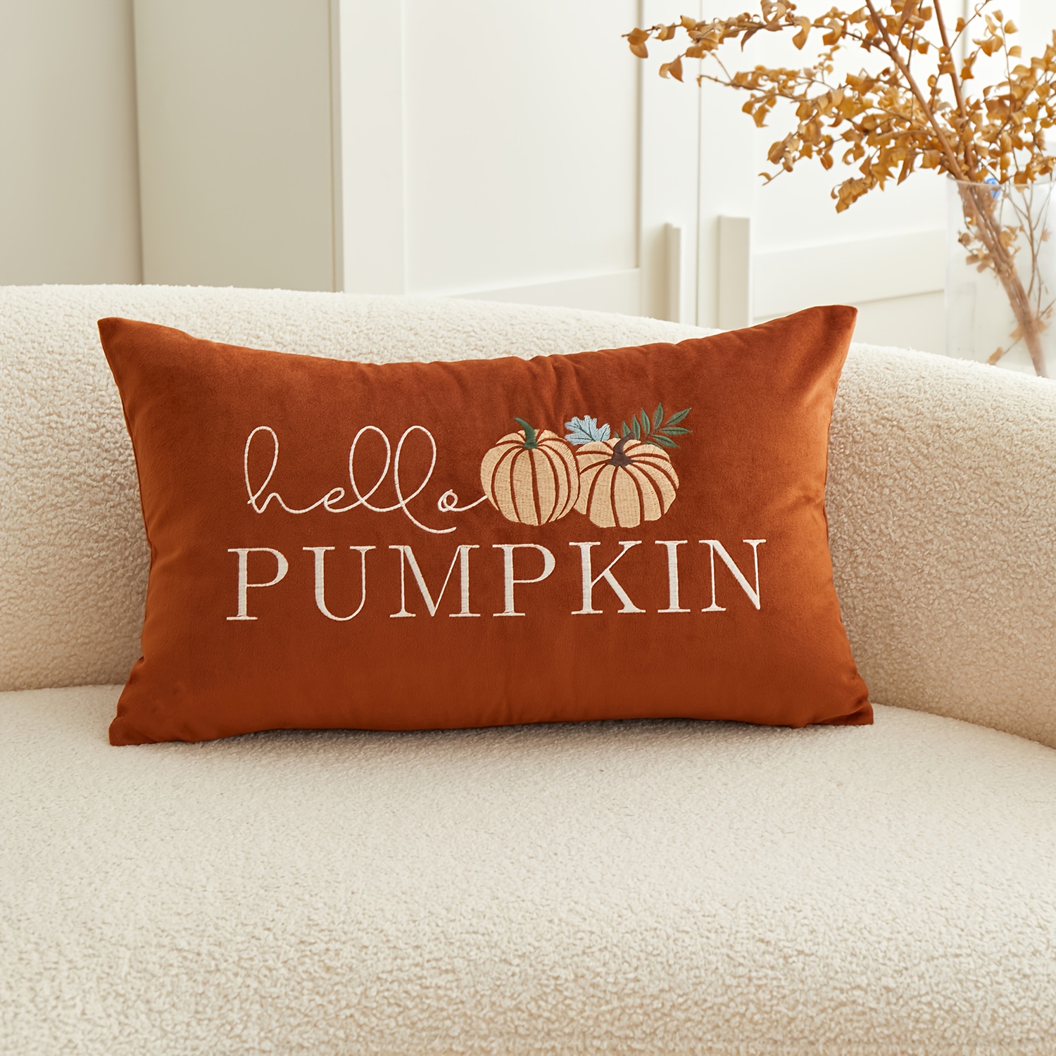 TEMU 1pc, Thanksgiving Velvet Pillowcase, Harvest Hello Pumpkin Letters Throw Pillow Covers, Single Side Embroidery, 19.6 X 11.8 Inches, Suitable For