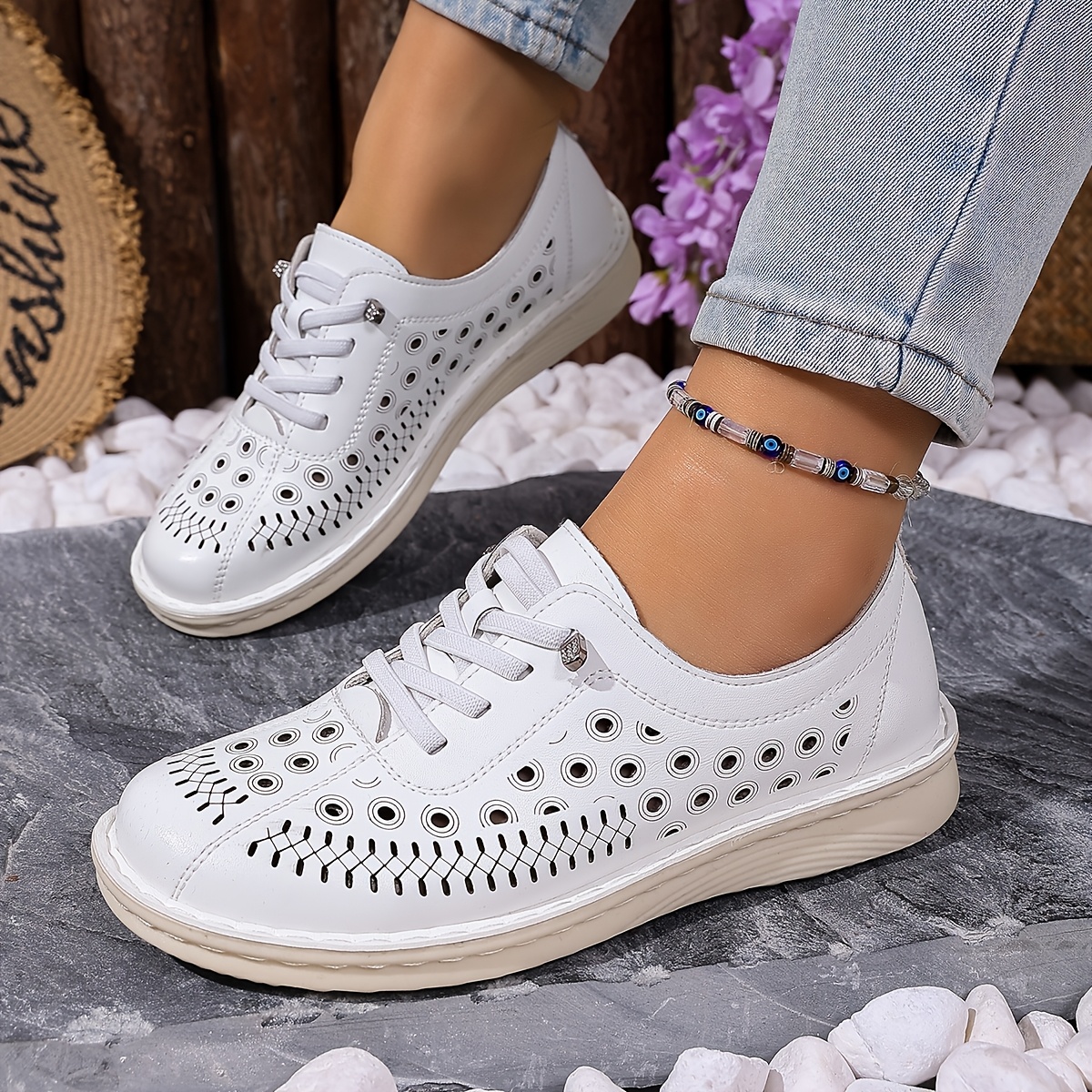 Women's Slip-On Loafers, Hollow-Out Design, Solid Color