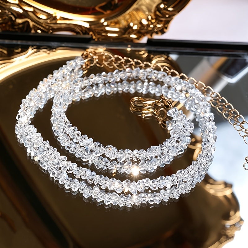 TEMU 1pc Irregular Artificial Clear Crystal Beaded Choker Necklace, Women's Jewelry, Minimal Bohemian Style, Perfect For Beach Vacation, Daily Casual