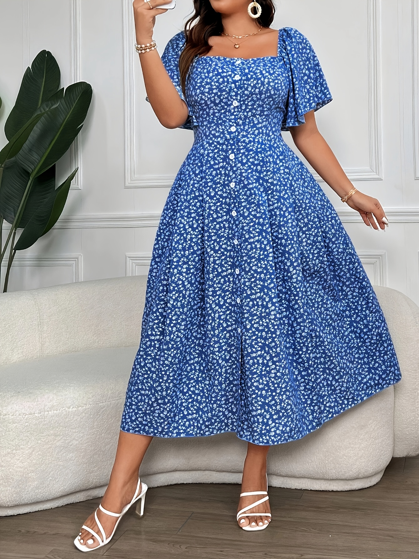 petite plus size midi dresses Plus Size, Women's Vintage * Small Floral Print Plus Size Dress with Square  Neck, Flutter Sleeves, Button Front, Waist Cinching, Hip Covering, for  Petite * Size Figures, Midi Length