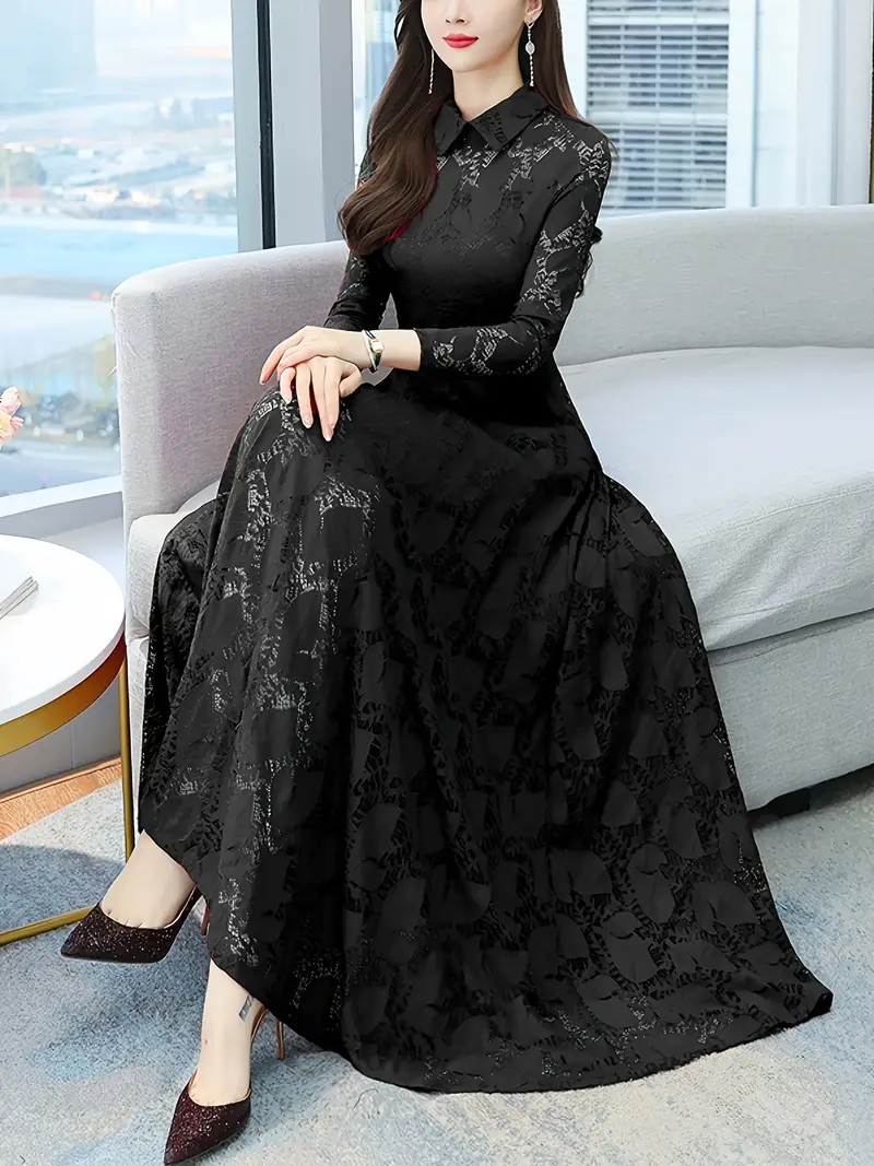 solid color lace aline dress elegant ruffle hem long sleeve - Temu solid color lace aline dress elegant ruffle hem long sleeve - Temu