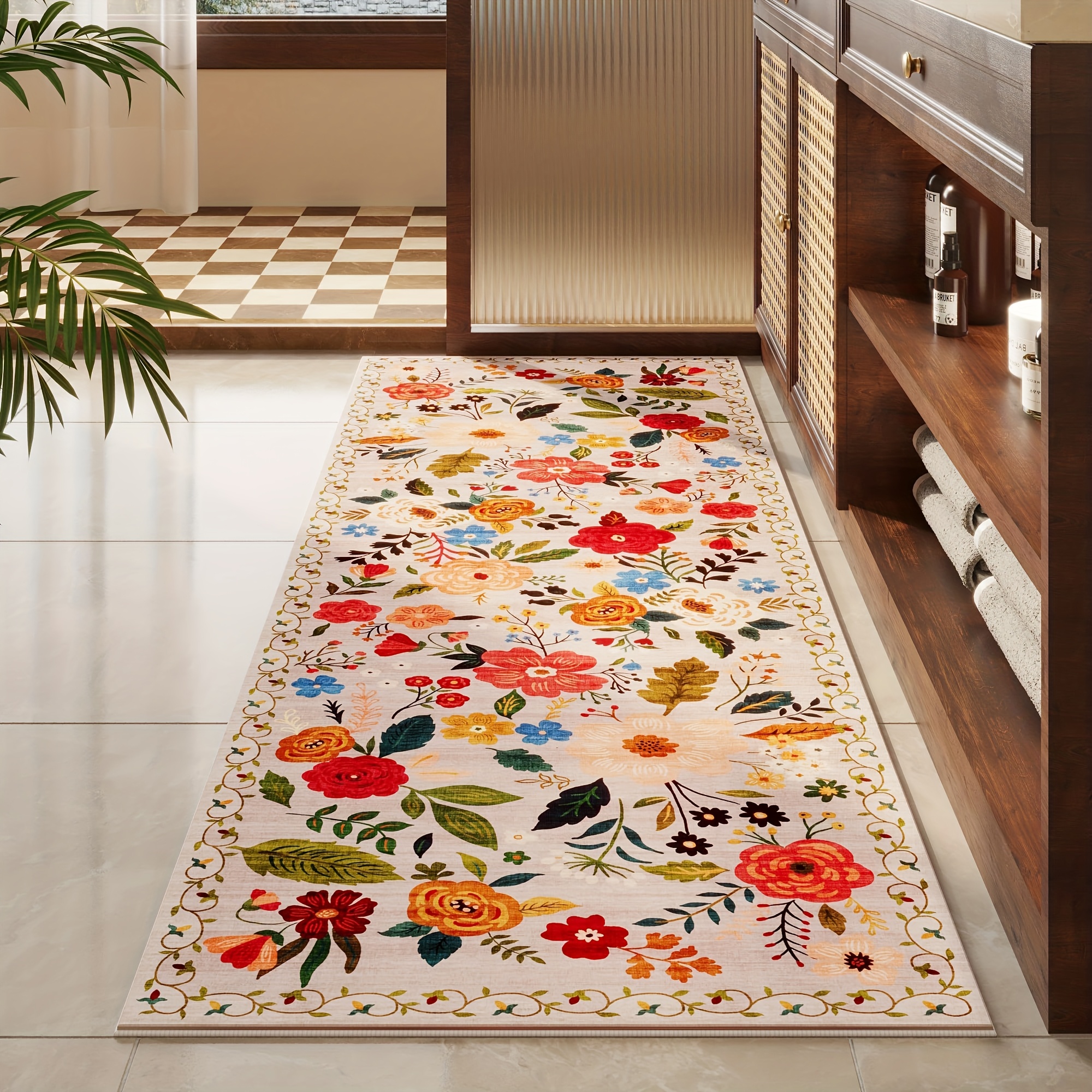 1pc premium floral bedroom runner rug soft machine washable