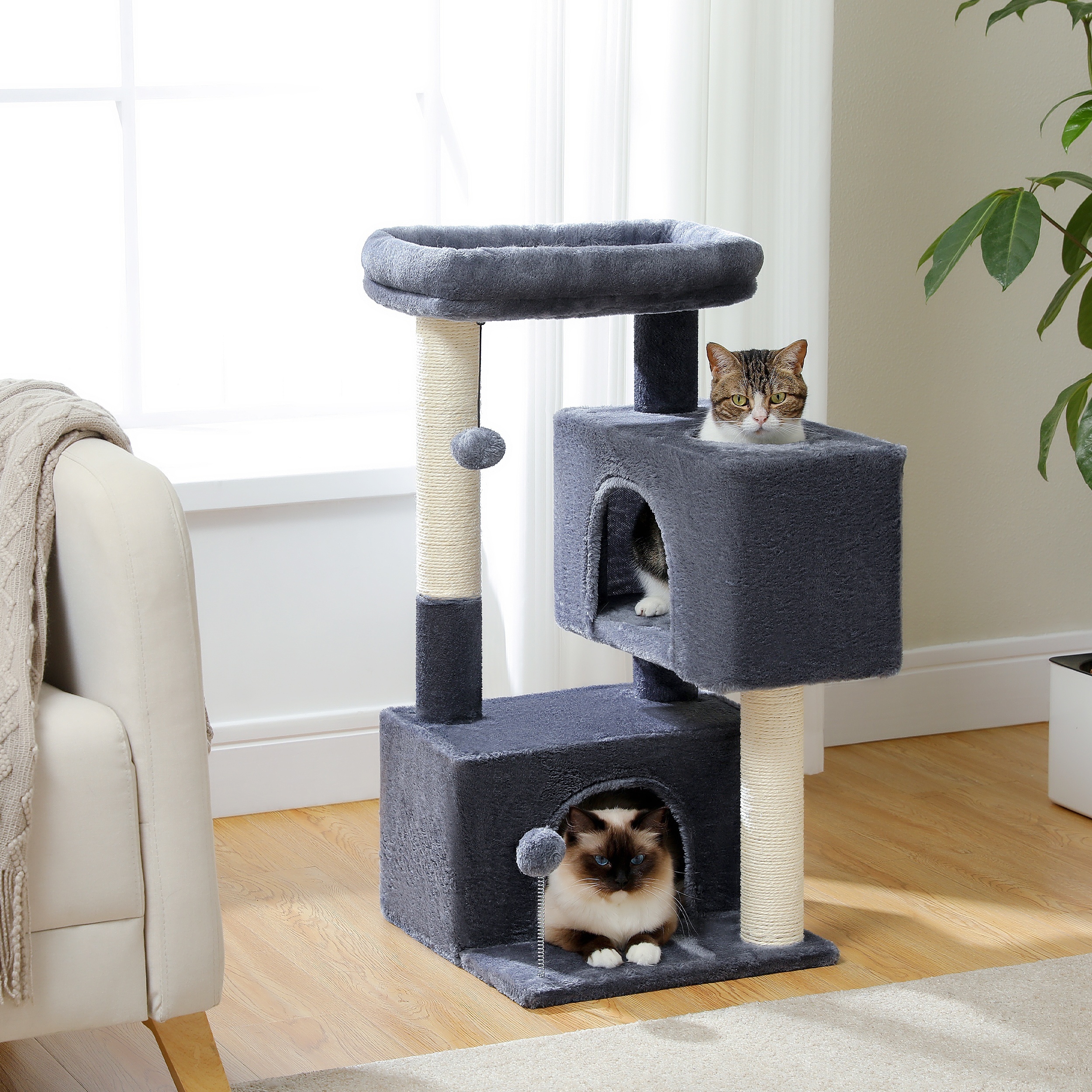 

Pawzroad 31.5" Cat Tree Cat Tower With Dual Large Condos For Kittens And Medium Size Cats, 3 Colors, Grey, Beige, Dark Grey