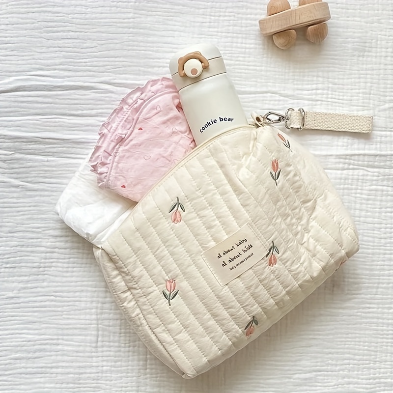 

[1pc Embroidered Diaper Clutch Bag] Embroidered Diaper Clutch Bag For Strollers, Polyester Quilted Organizer Pouch With Zipper, Cute , For 14+