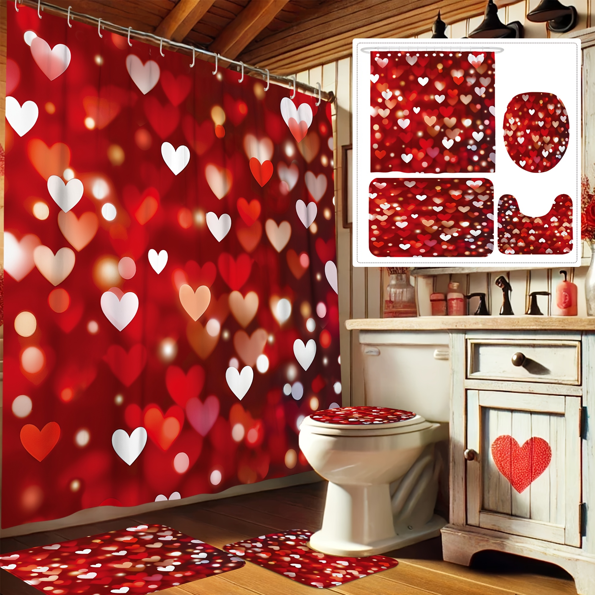 

Valentine's Day Love Heart Shower Curtain Set - Romantic , Includes 12 Hooks, Non-slip Bath Mat & U-shaped Toilet Lid Cover, Machine Washable Polyester, Shower Ornament Gift, Bathroom, 1/4pcs