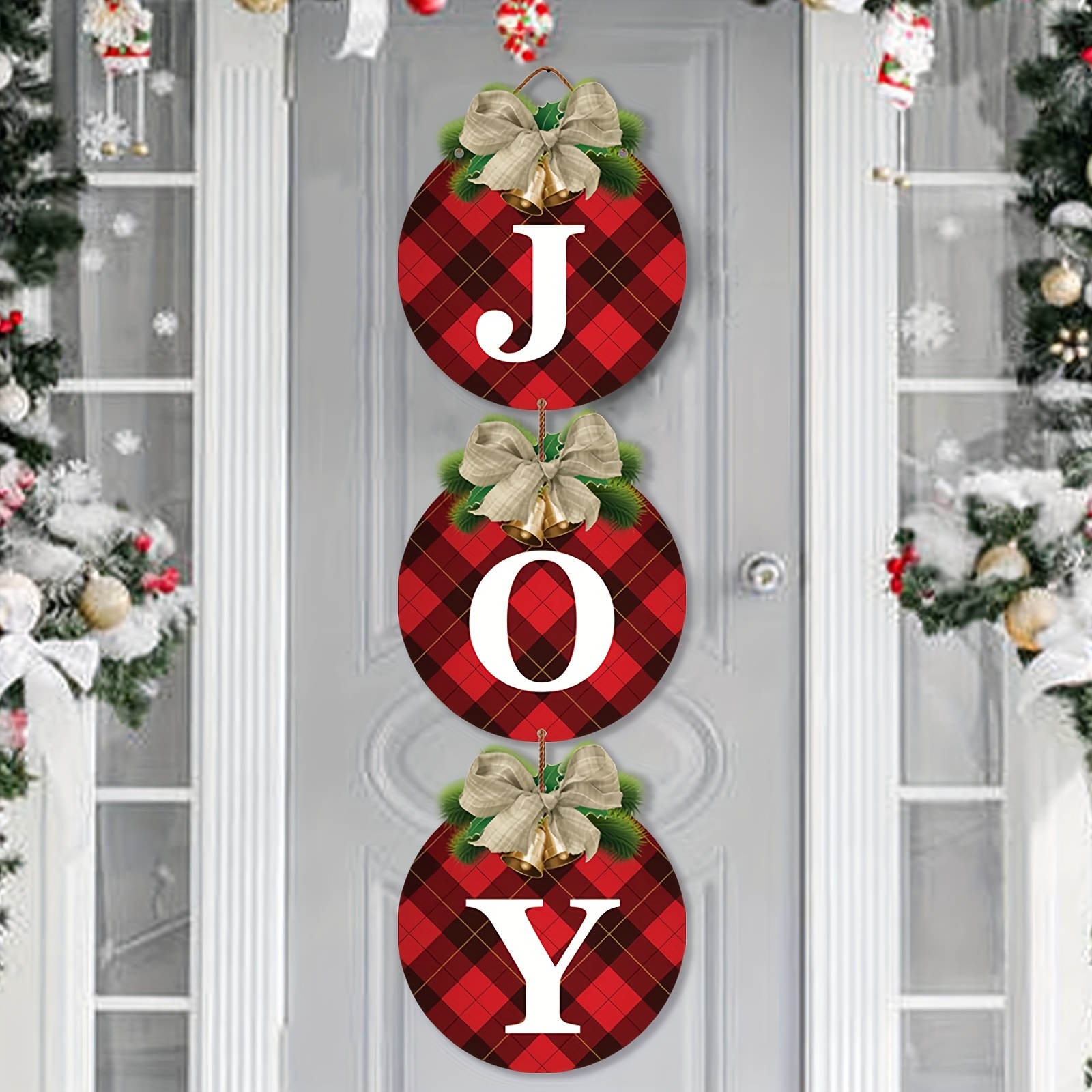 

Wooden Buffalo Plaid Christmas Wreaths For Front Door, 3pcs Rustic Christmas Decor Joy Signs Holiday Garage Door Wall Decorations Indoor Outdoor